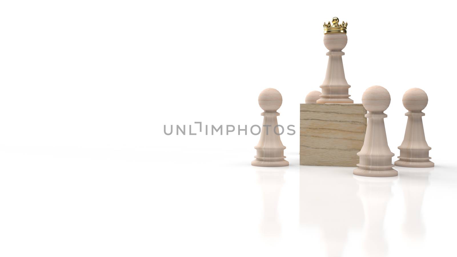 The wood chess and gold crown on wood cube for business content  by Niphon_13