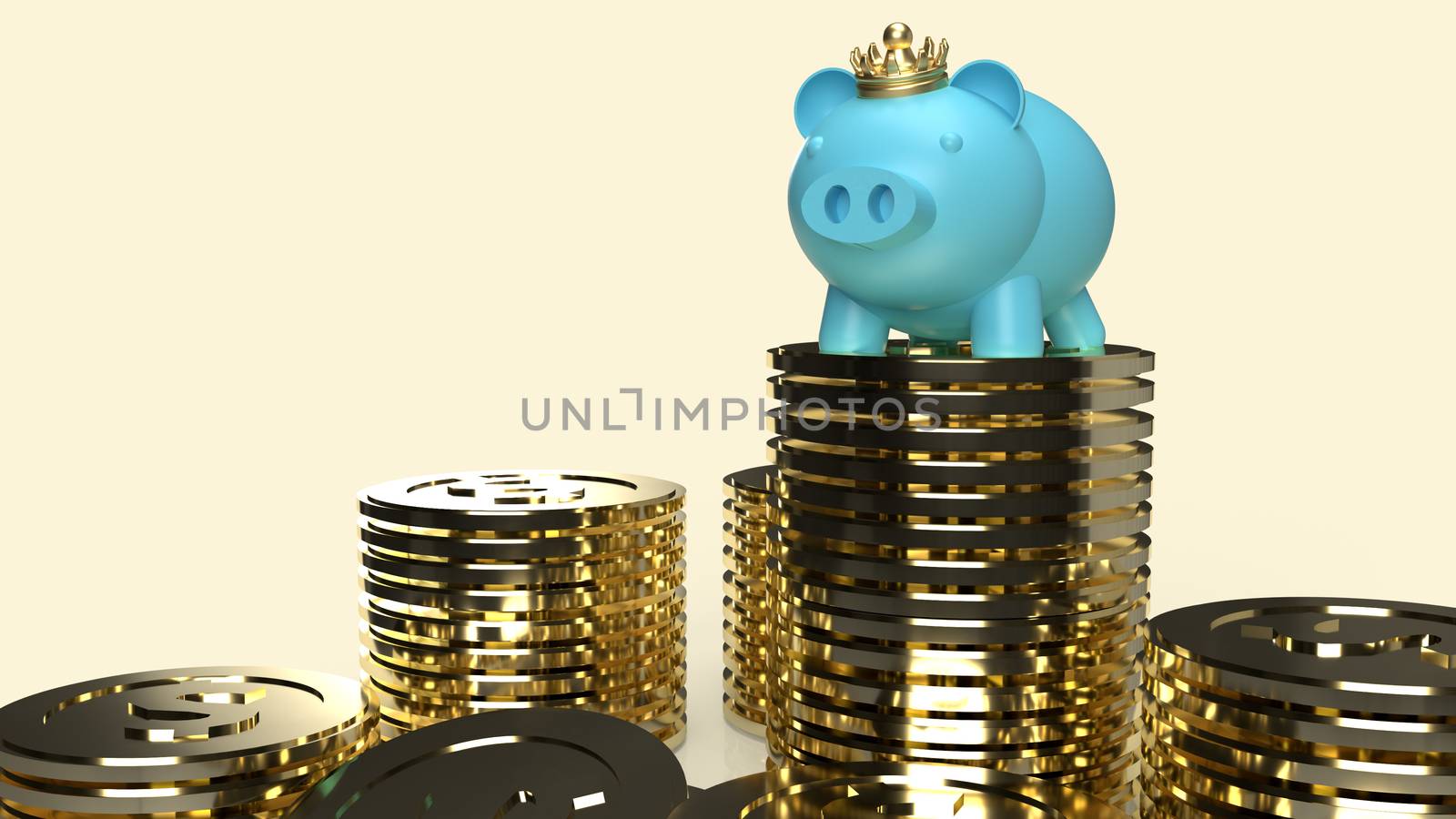 blue pig bank and crown on gold coins for business content 3d rendering.