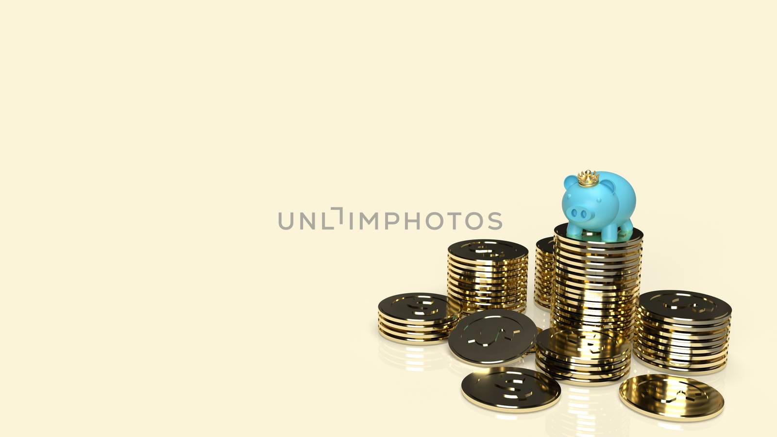 blue pig bank and crown on gold coins for business content 3d rendering.