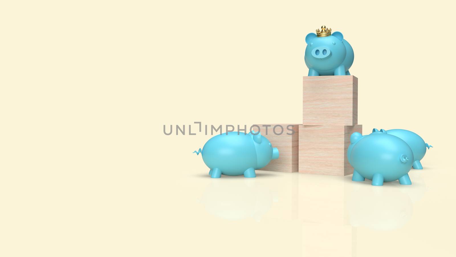 The blue pig bank and crown on wood cube for business content 3d by Niphon_13