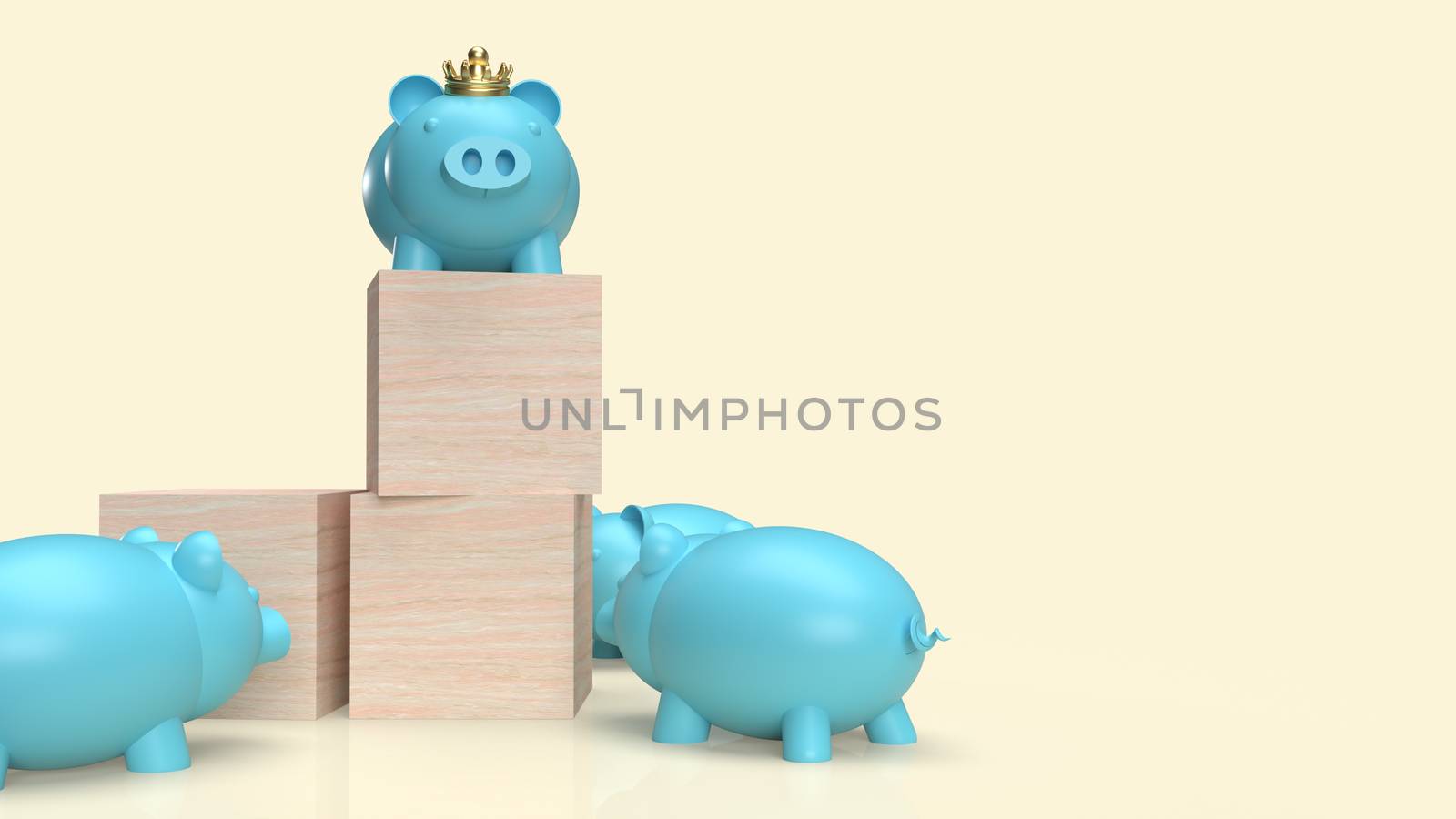 blue pig bank and crown on wood cube for business content 3d rendering
