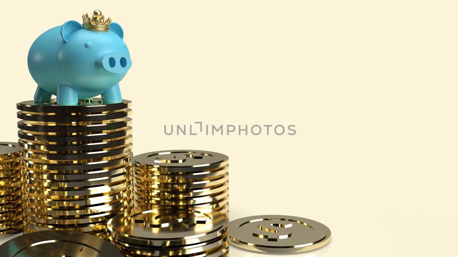 blue pig bank and crown on gold coins for business content 3d rendering.