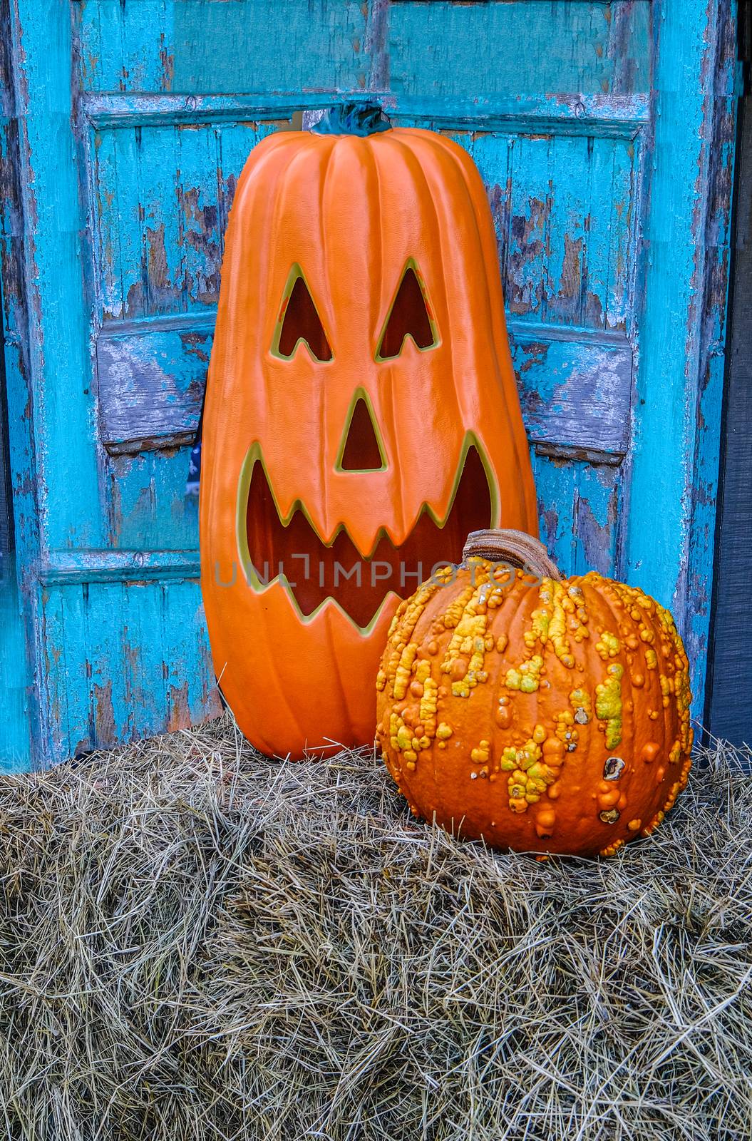 Pumpkin and Jack-o-Lantern on Bale of Hay by Blue Door