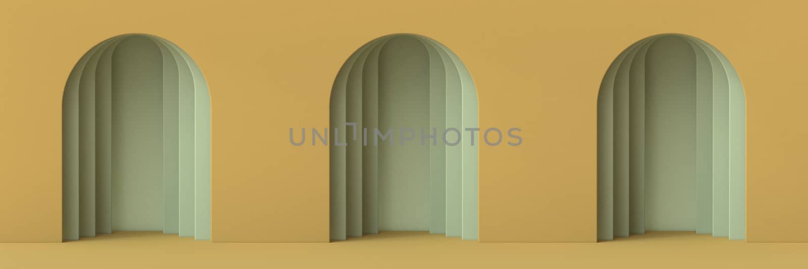 Abstract mock up three doors 3D render illustration on brown background