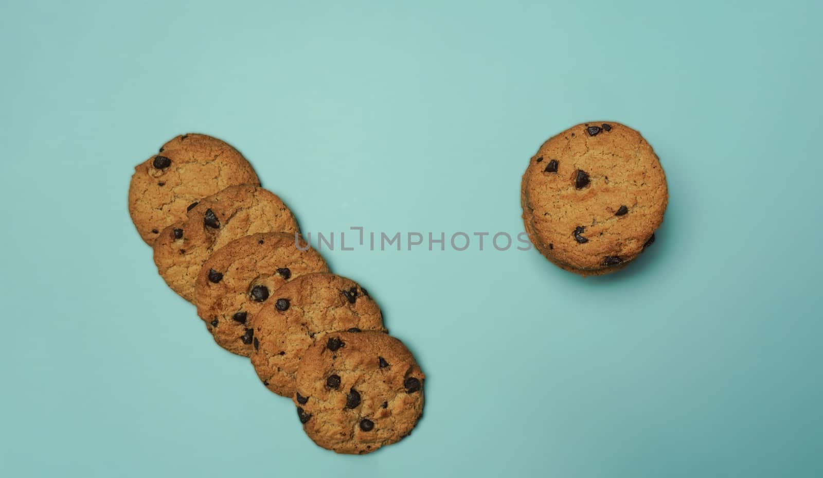Chocolate Chip Cookies on blue background.