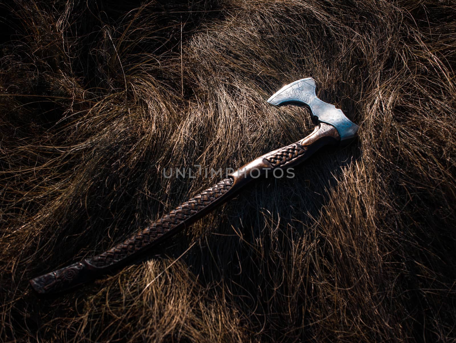 Close up look at the ancient Scandinavian vikings axe at the summer sunset on the deep grass