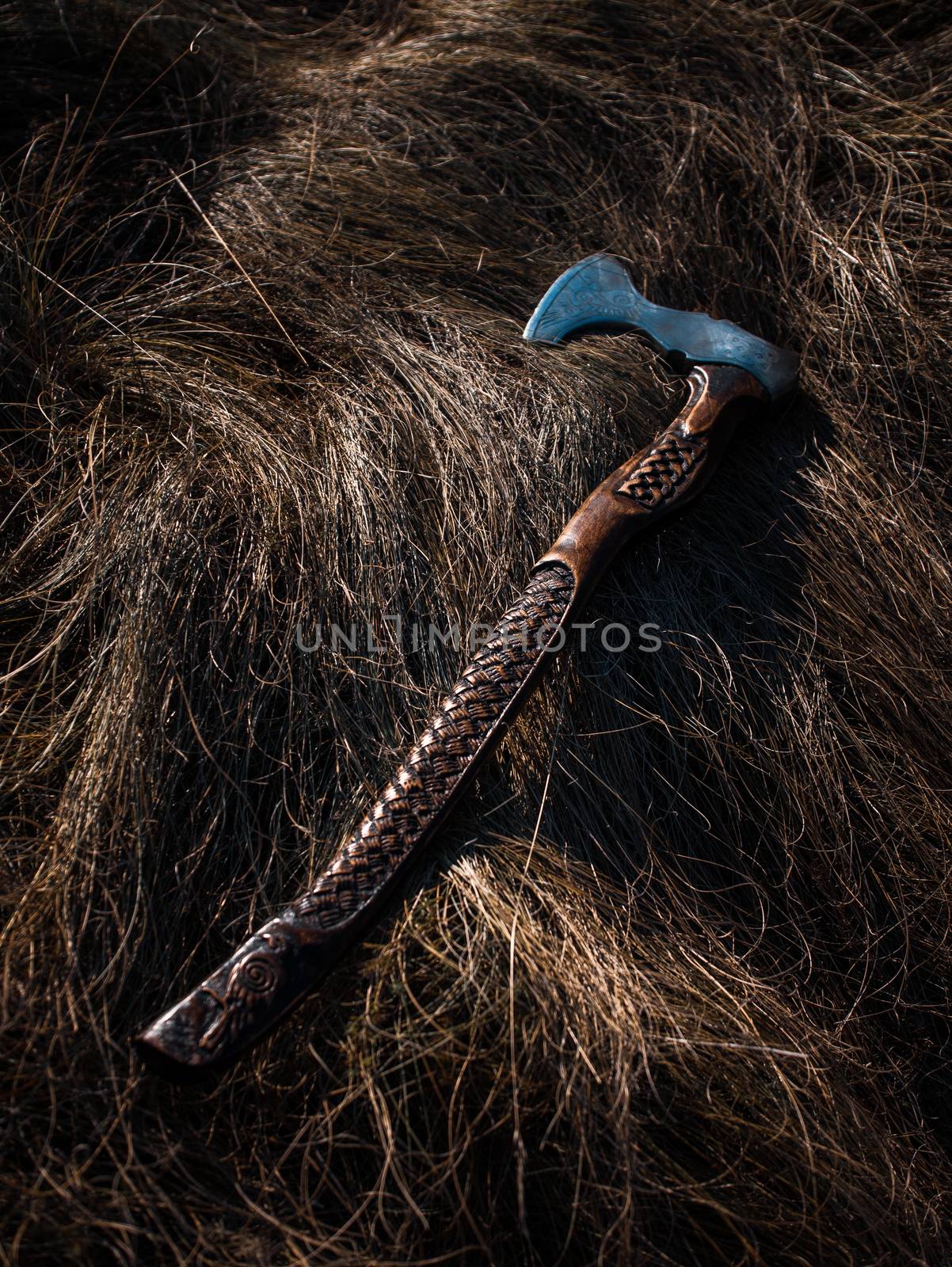 Close up look at the ancient Scandinavian vikings axe at the summer sunset on the grass by VIIIPhoto