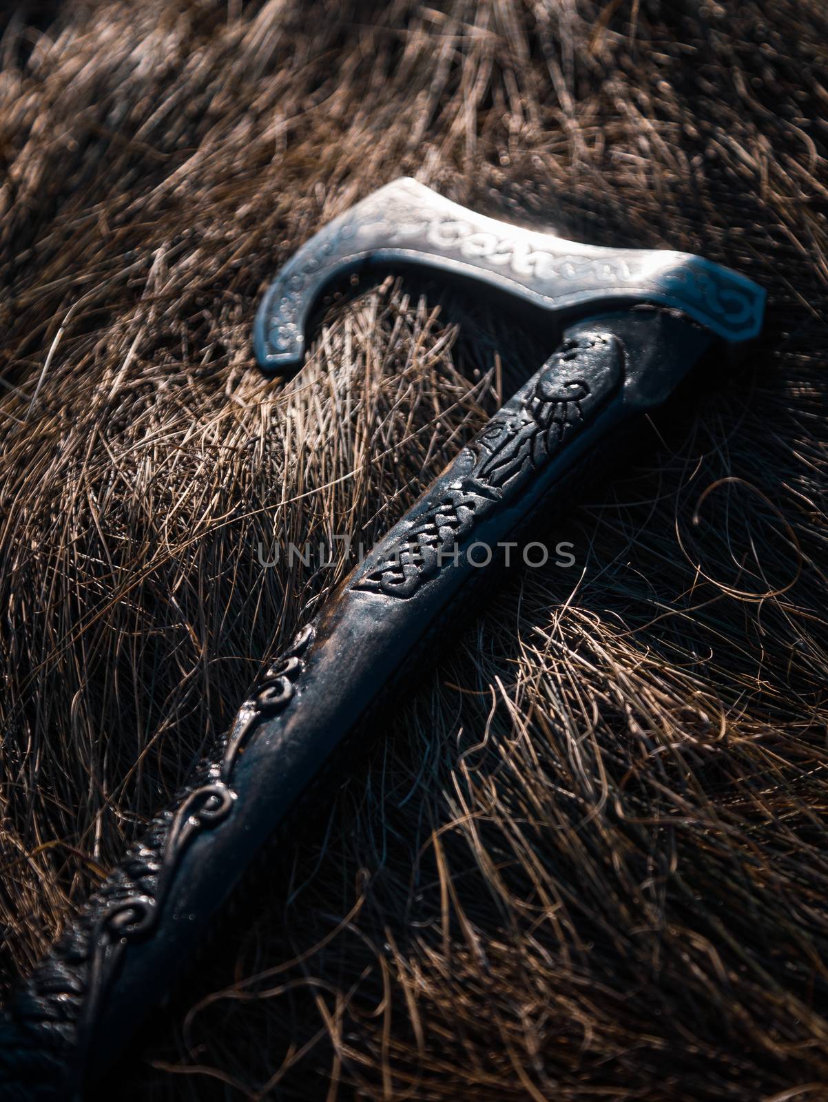 Close up look at the ancient Scandinavian vikings axe at the summer sunset on the grass by VIIIPhoto