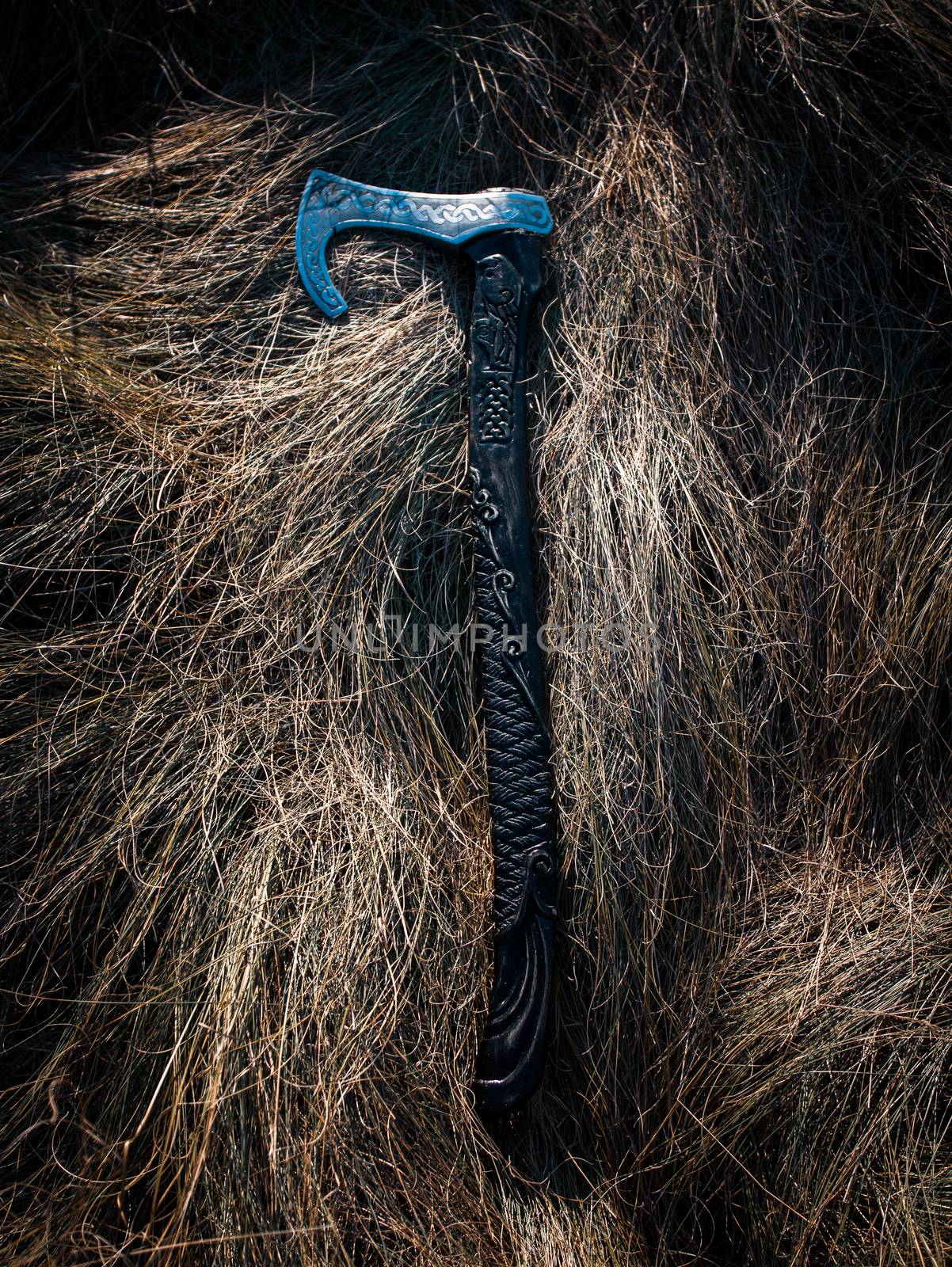 Close up look at the ancient Scandinavian vikings axe at the summer sunset on the deep grass