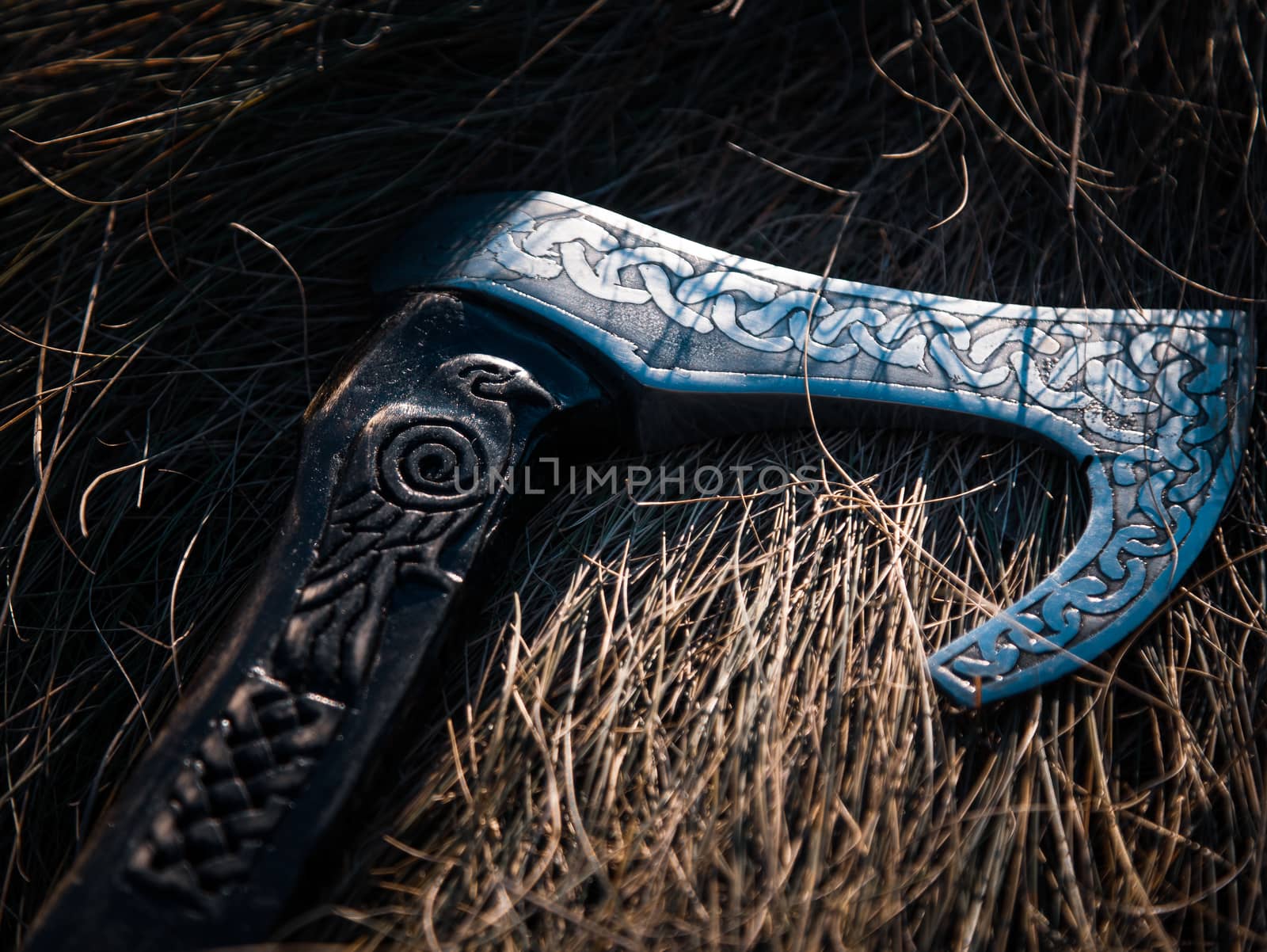 Close up look at the ancient Scandinavian vikings axe at the summer sunset on the deep grass