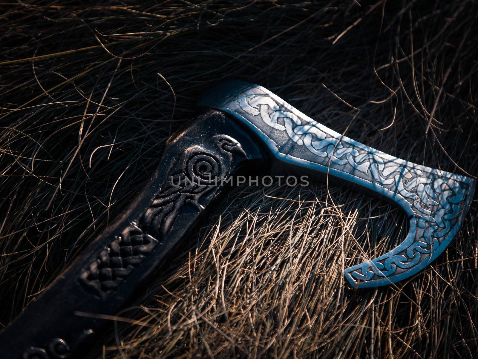 Close up look at the ancient Scandinavian vikings axe at the summer sunset on the grass by VIIIPhoto