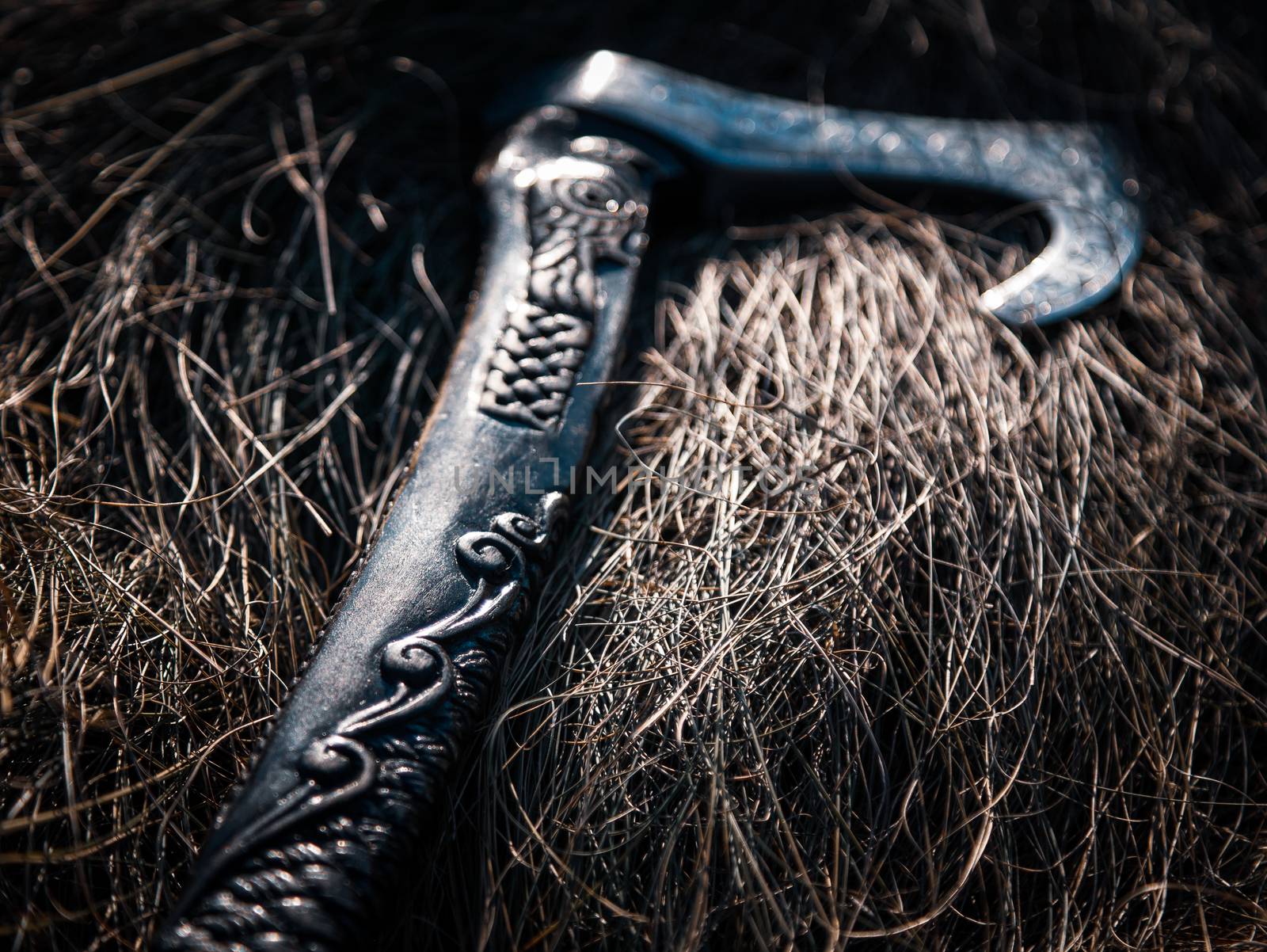 Close up look at the ancient Scandinavian vikings axe at the summer sunset on the grass by VIIIPhoto