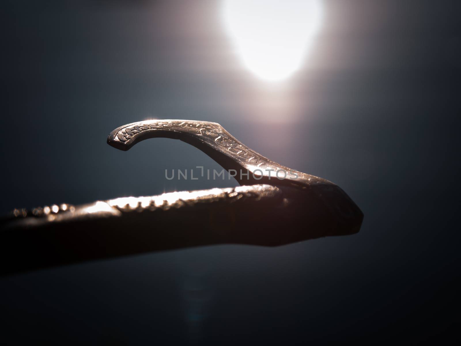 Close up look at the ancient Scandinavian vikings axe at the summer sunset on the grass by VIIIPhoto