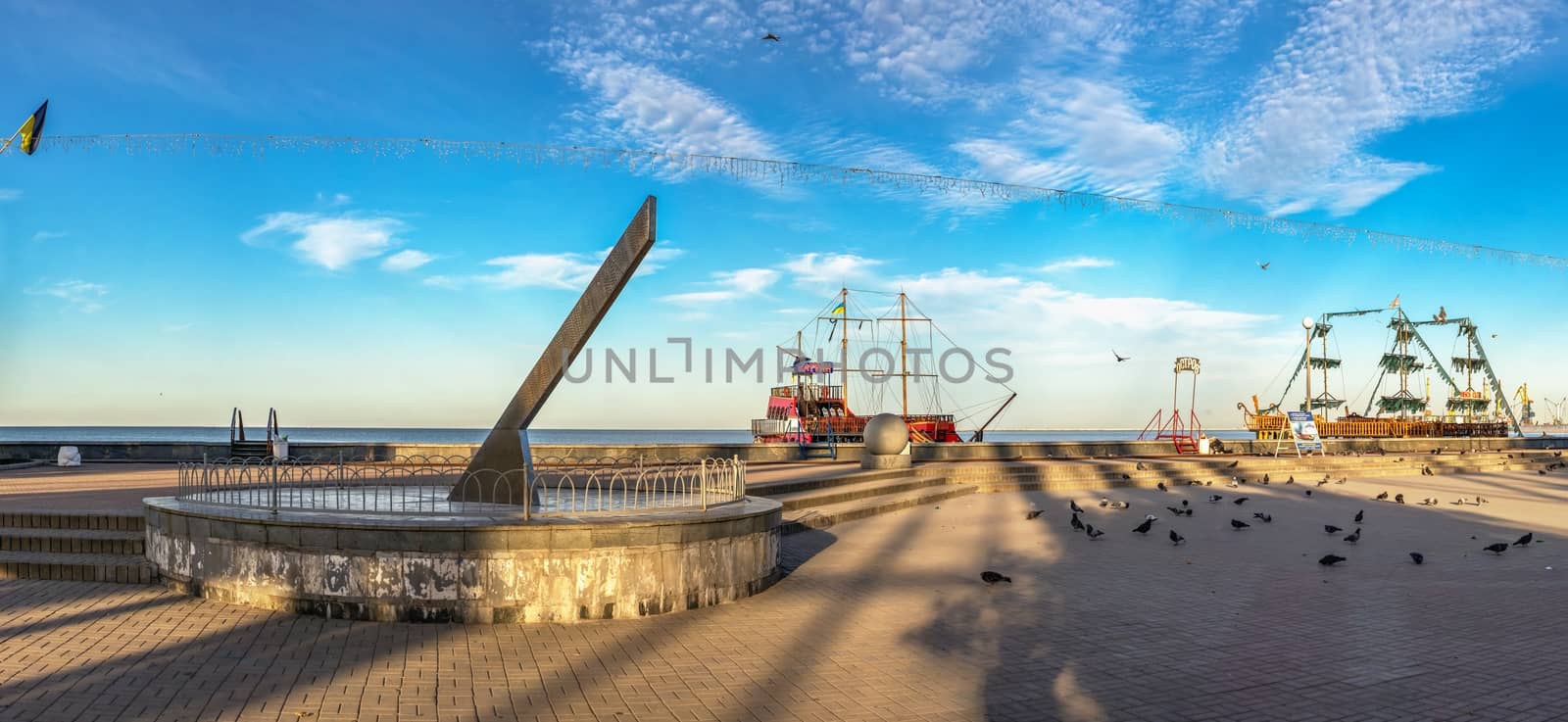 Berdyansk, Ukraine 07.23.2020. Sundial on the embankment of the Sea of Azov in Berdyansk, Ukraine, in an early summer morning