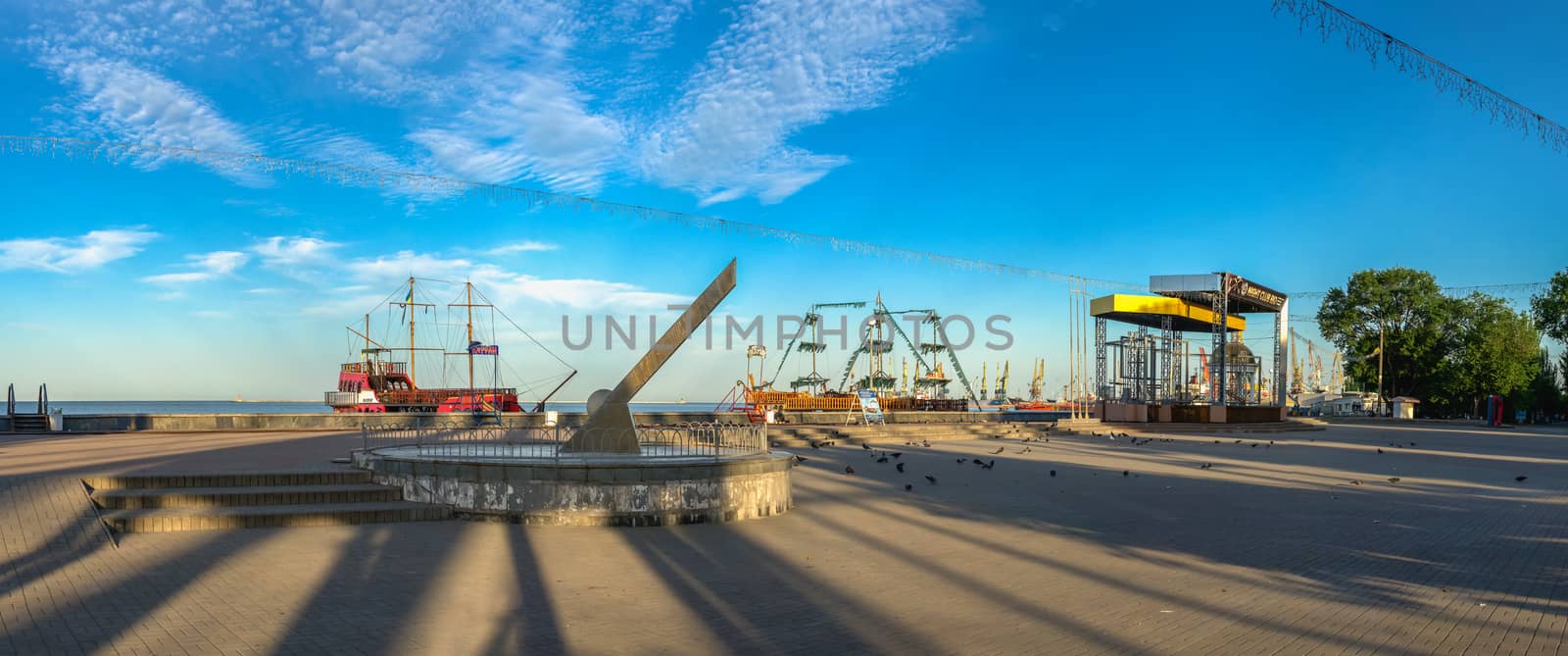 Berdyansk, Ukraine 07.23.2020. Sundial on the embankment of the Sea of Azov in Berdyansk, Ukraine, in an early summer morning