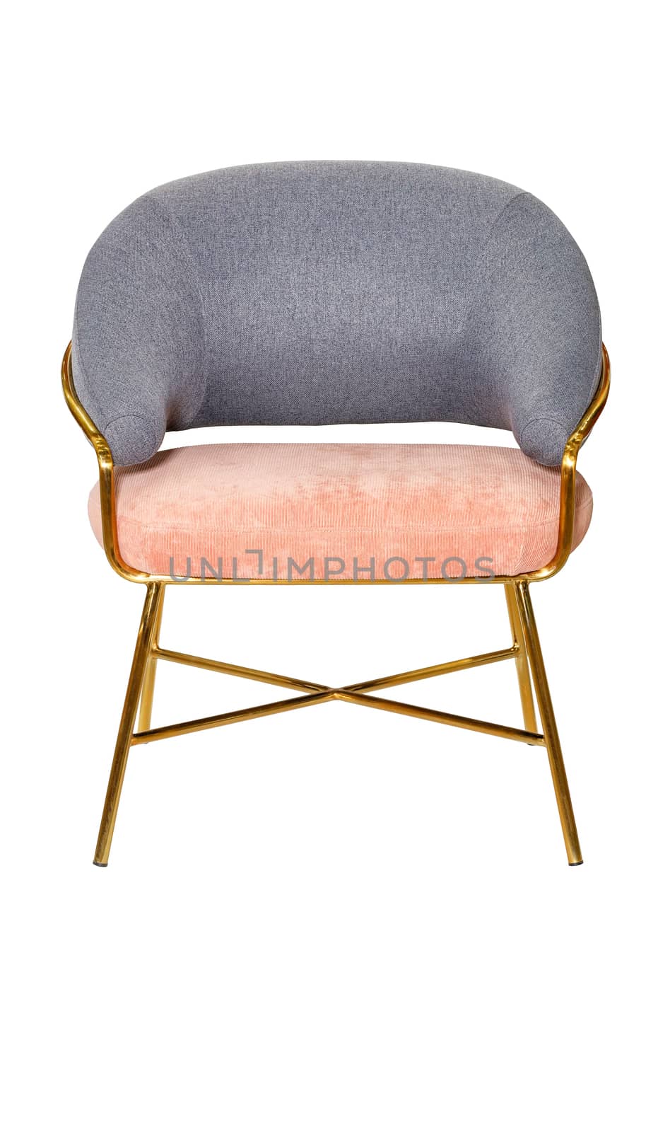 Upholstered armchair with velor beige and gray top isolated on white background. by Sergii