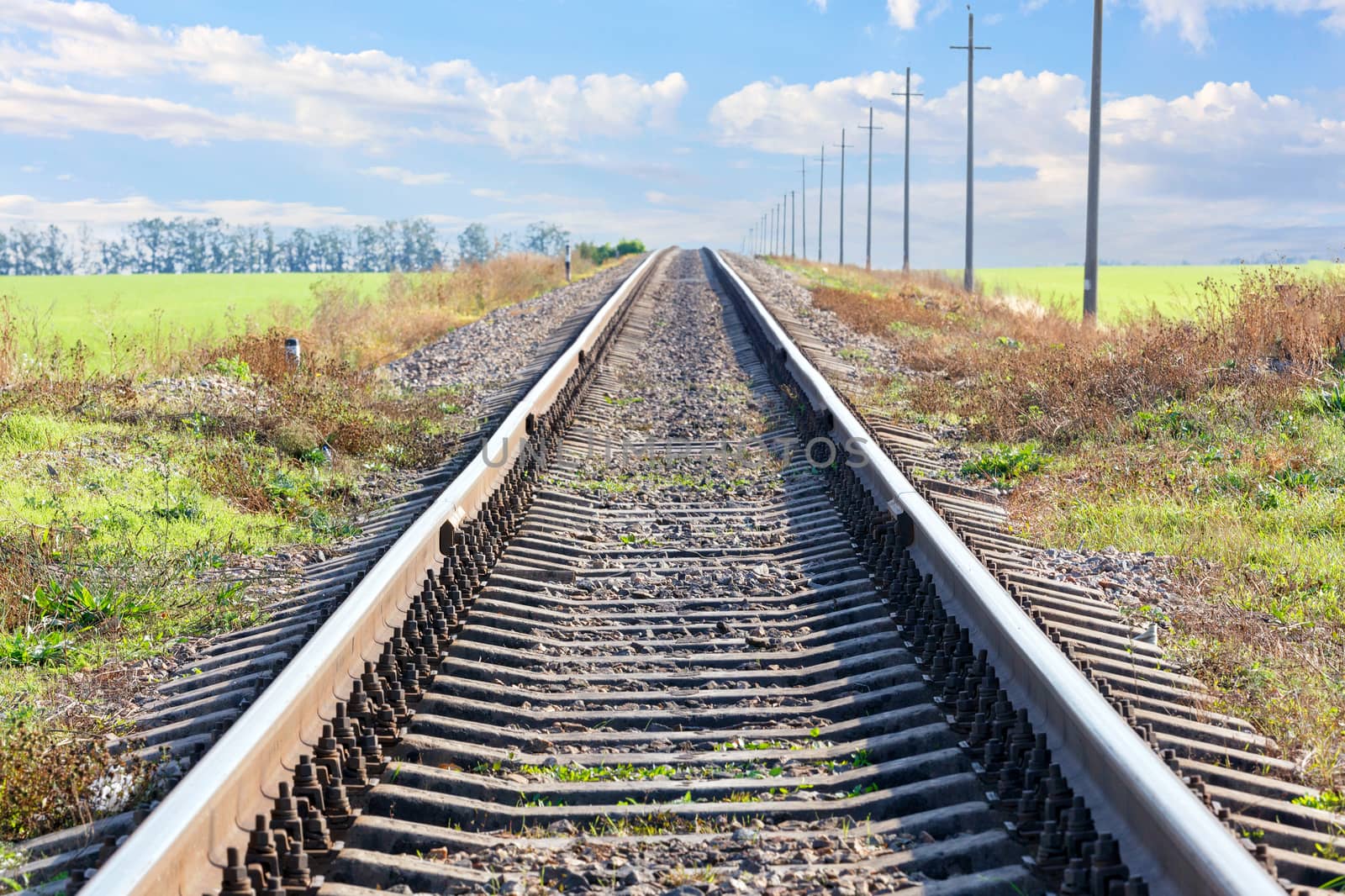 A single railroad track is laid among the field against the backdrop of a rural landscape and a light haze on the horizon, central composition, selective focus.