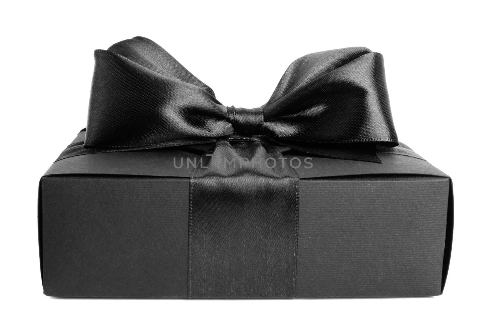 Black friday gift, paper box with silk ribbon bow isolated on white background