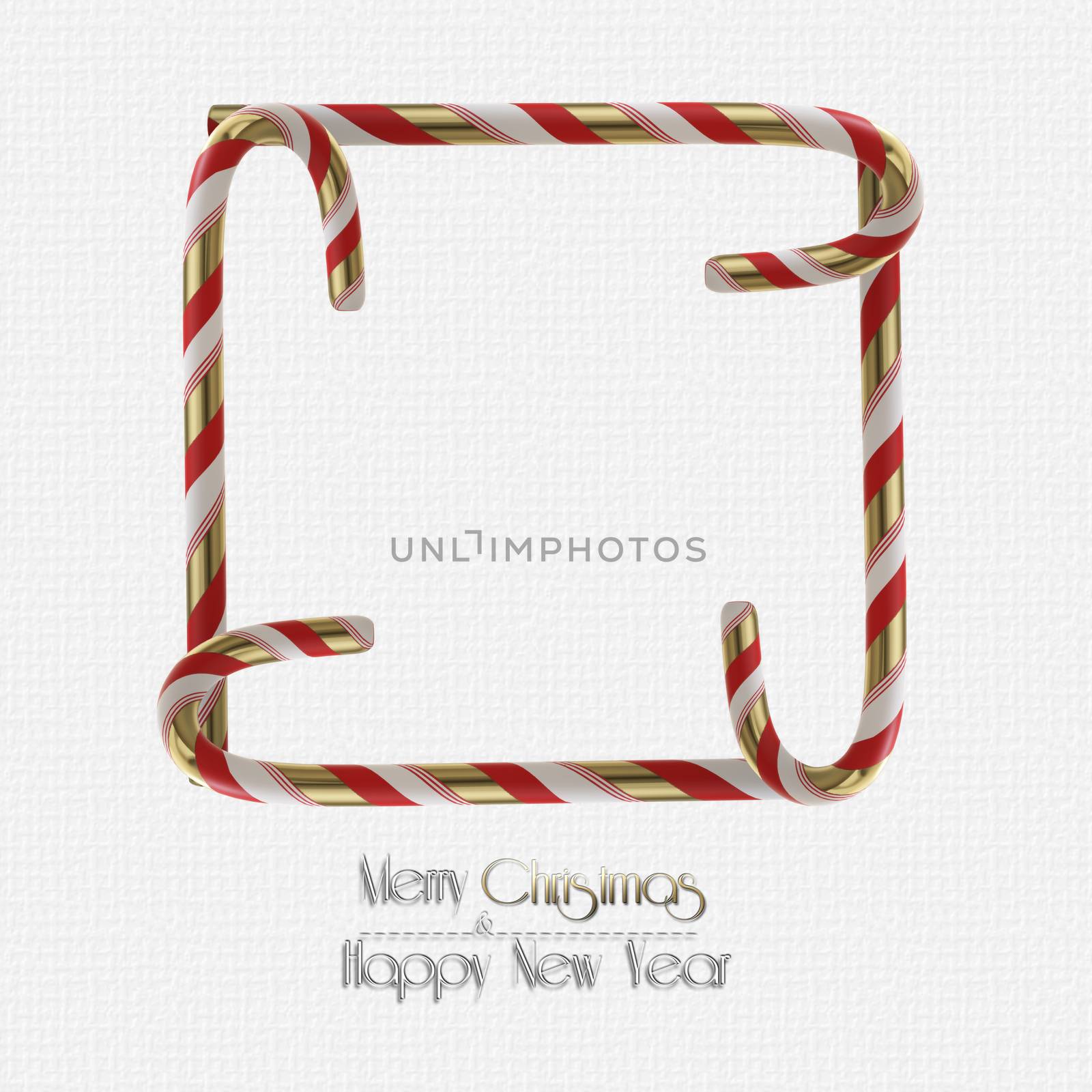 Christmas design for mock up on white background. 3D realistic frame made of gold red Xmas candy cane on white background. Text Merry Christmas Happy New Year. 3D illustration