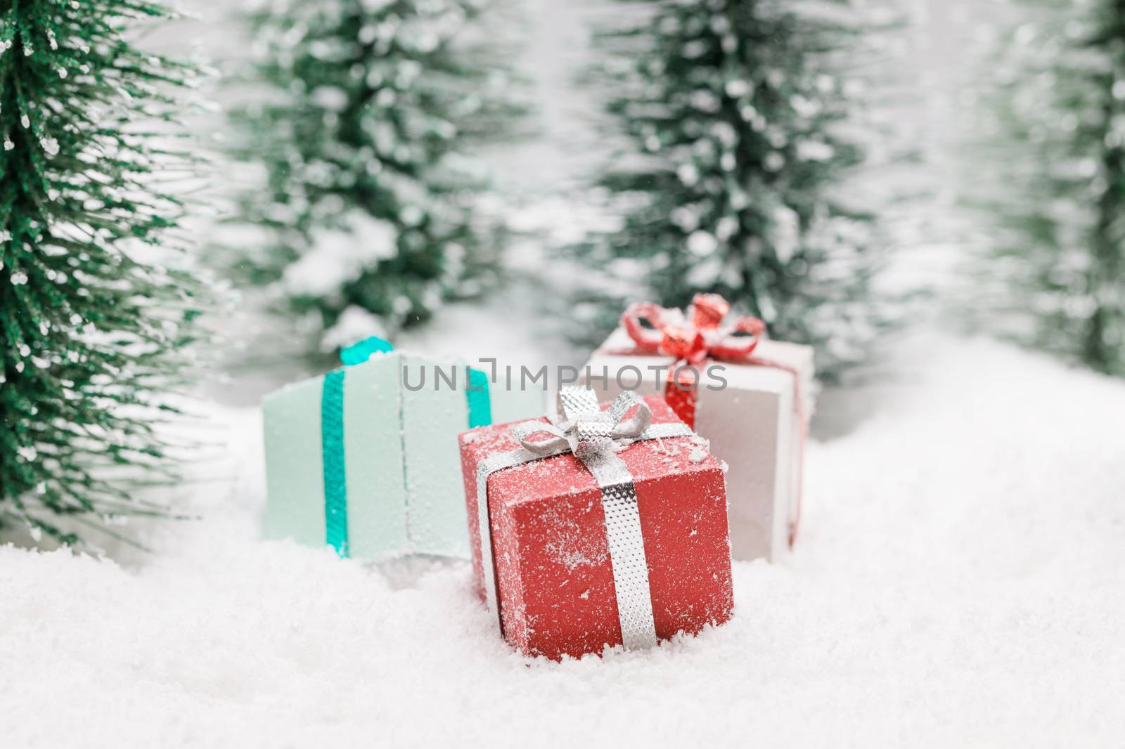 Christmas gifts in fir tree forest under snow