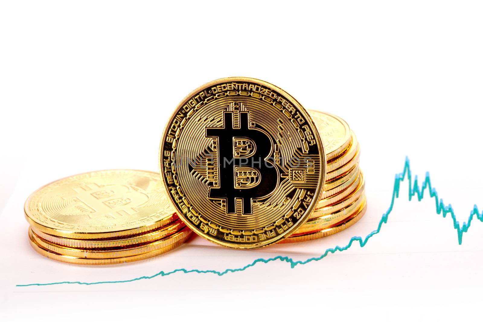 Graph chart of exchange rates of virtual money bitcoin and pile of coins, Cryptocurrency concept