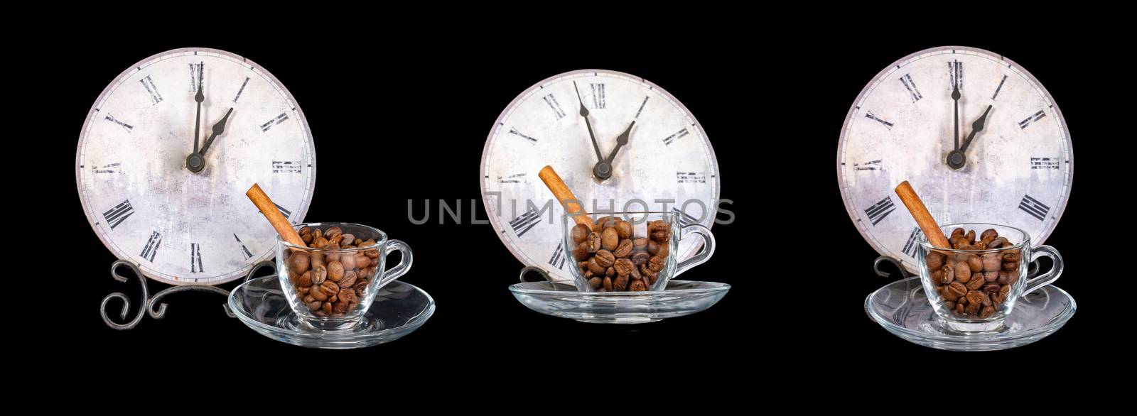 Set of coffee cup with grains isolated on a black background. Coffee beans and vanilla stick in a coffee cup on a saucer.