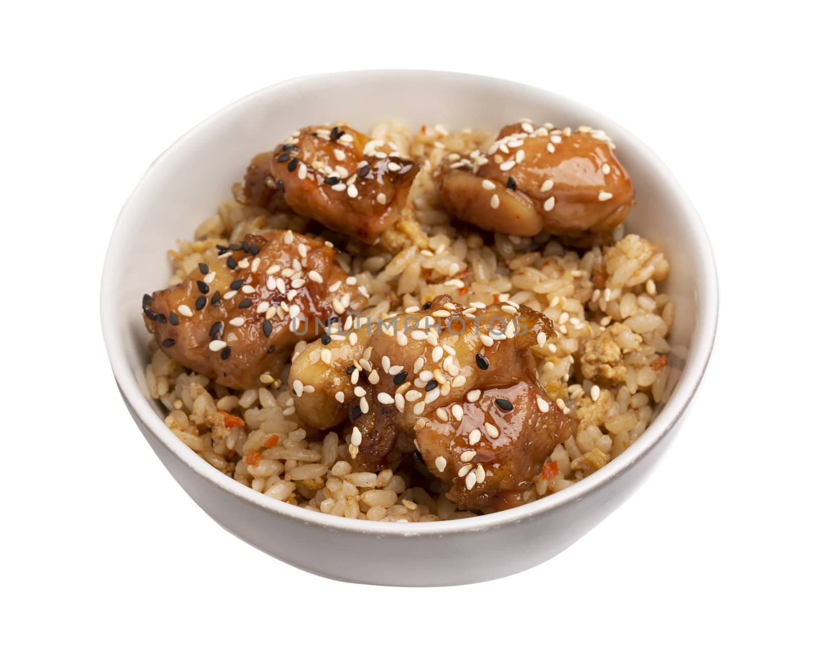 Hibachi rice Isolated on a white background. In a blue plate.