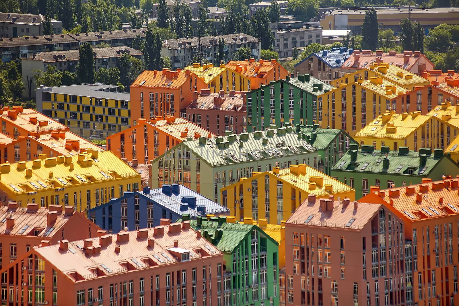 Rainbow houses aerial view.Colored rainbow houses in Kiev aerial view. Close-up