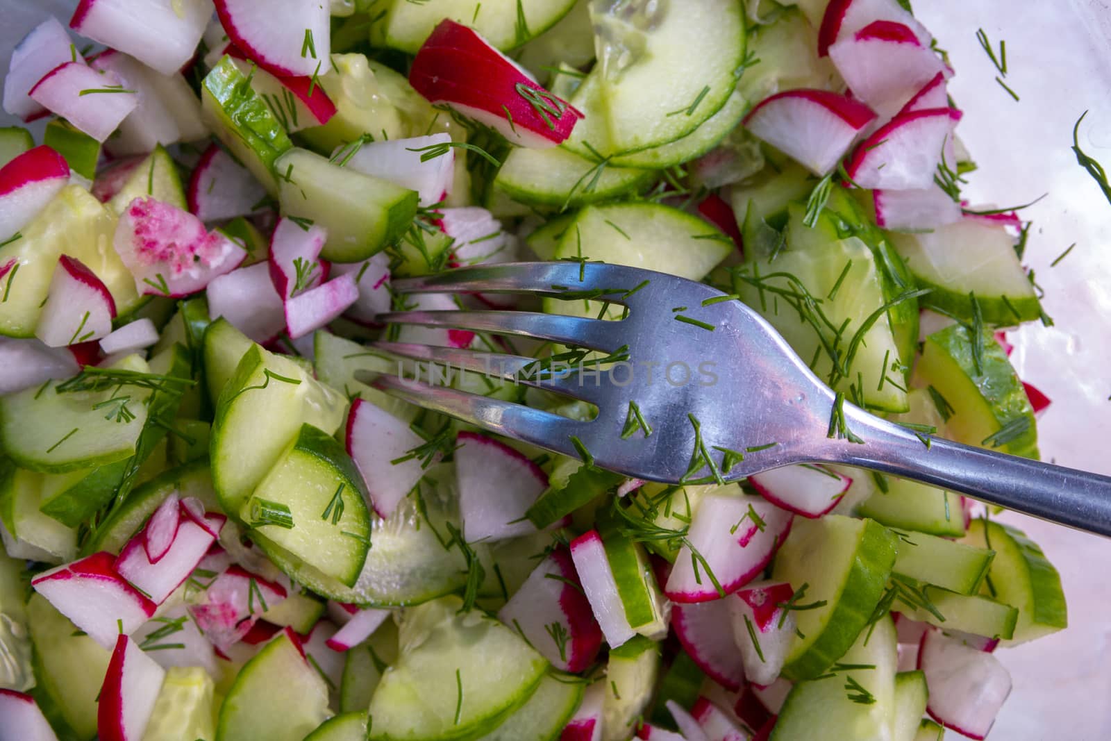 healthy eating. Vegetables. Juicy radish and cucumber salad with dill