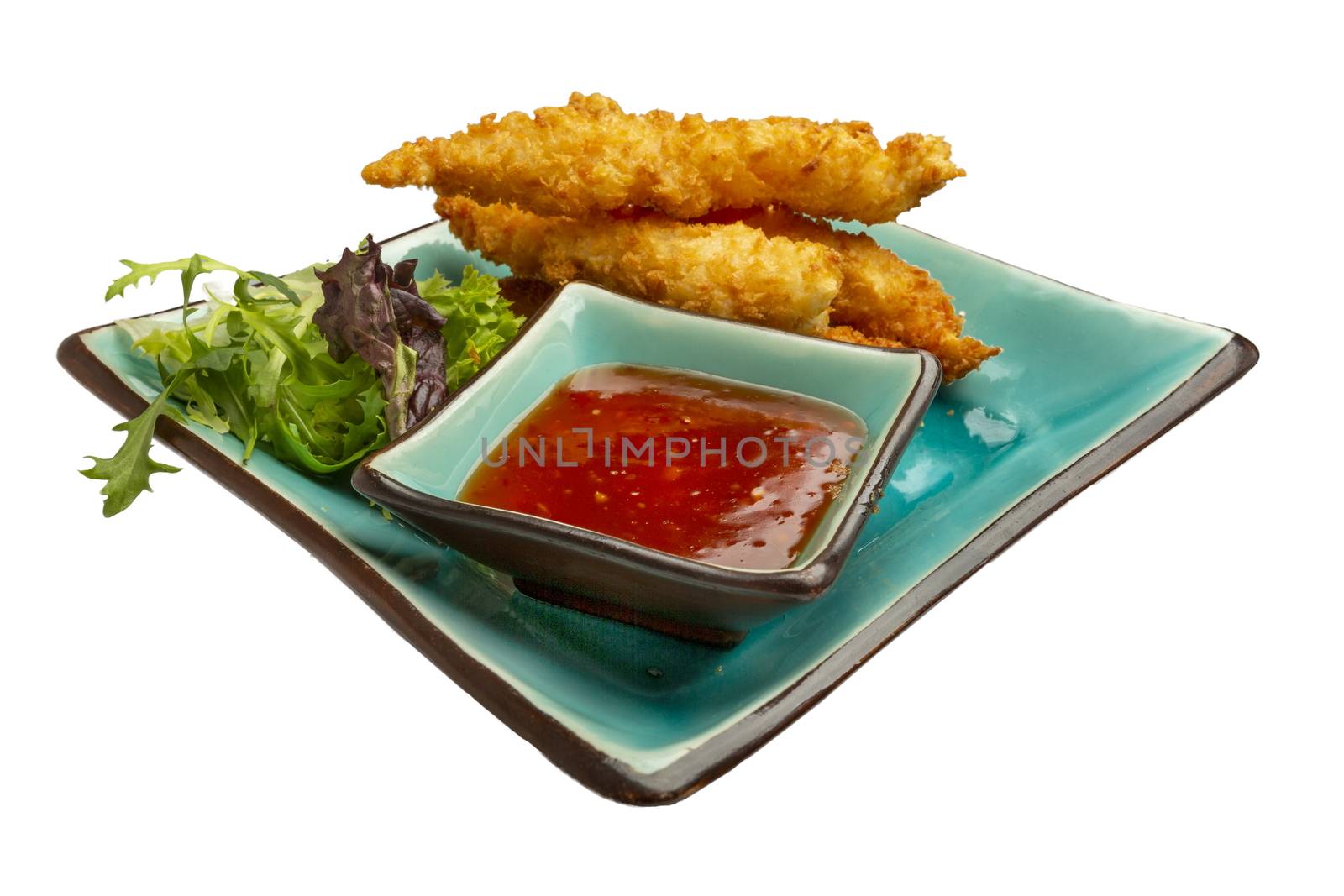 Tempura shrimp with chilli sauce. Isolated on white background. On a blue plate.