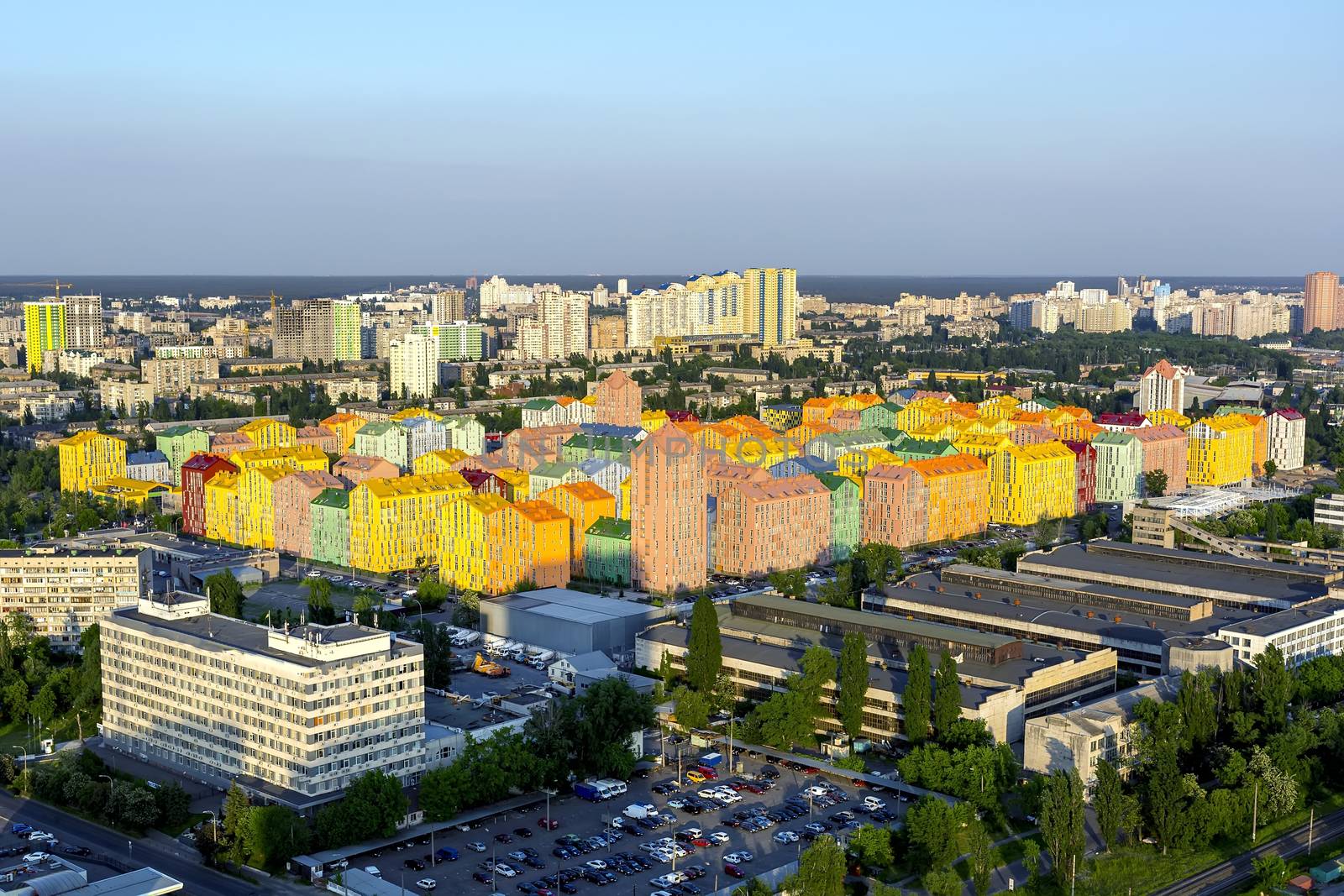 Rainbow houses aerial view.Colored rainbow houses in Kiev aerial view. Panorama