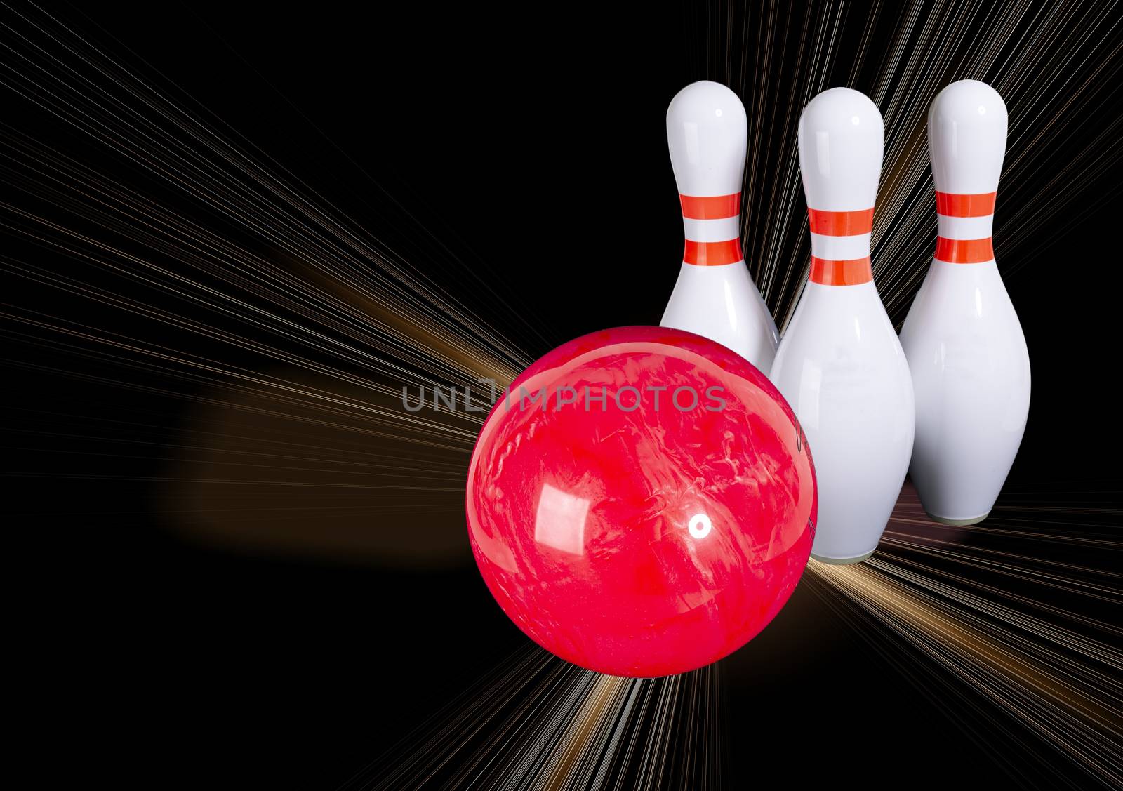 Bowling. Bowling ball and bowling pins on a beautiful light brown with yellow rays background. Place for your inscription. Copy space