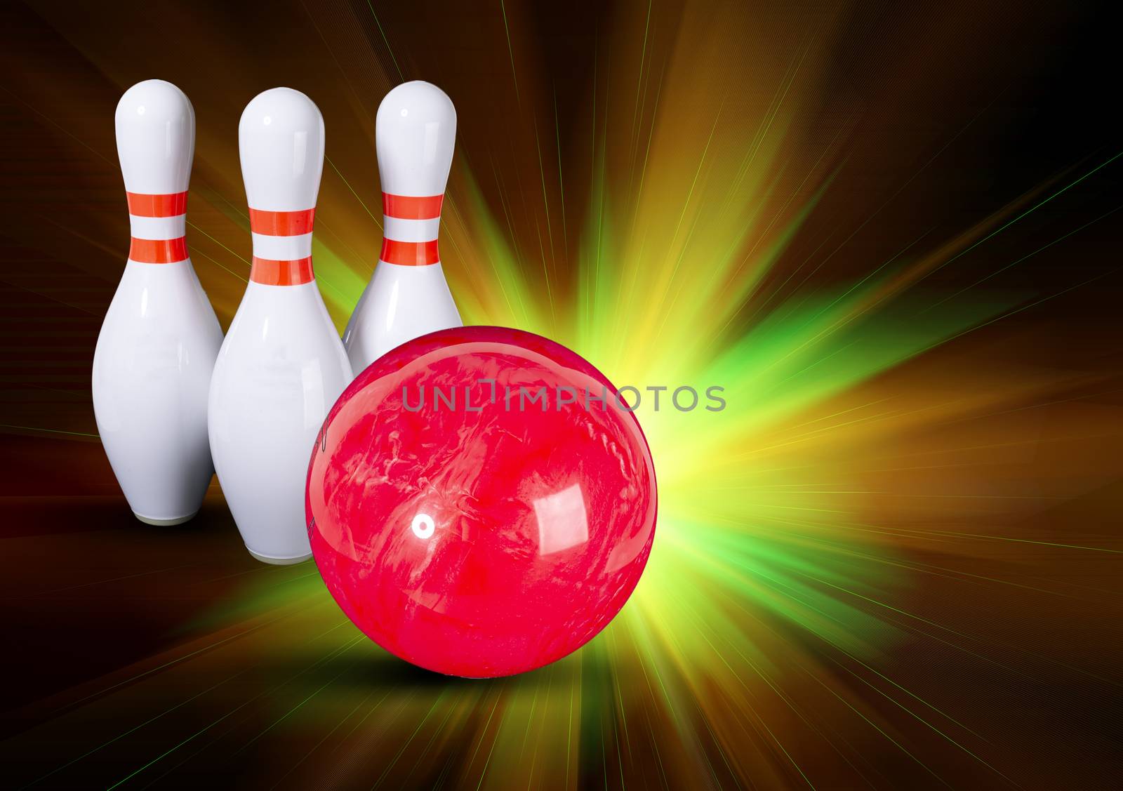 Bowling. Copy space. Bowling ball and bowling pins on a beautiful colorful rays background. Place for your inscription.