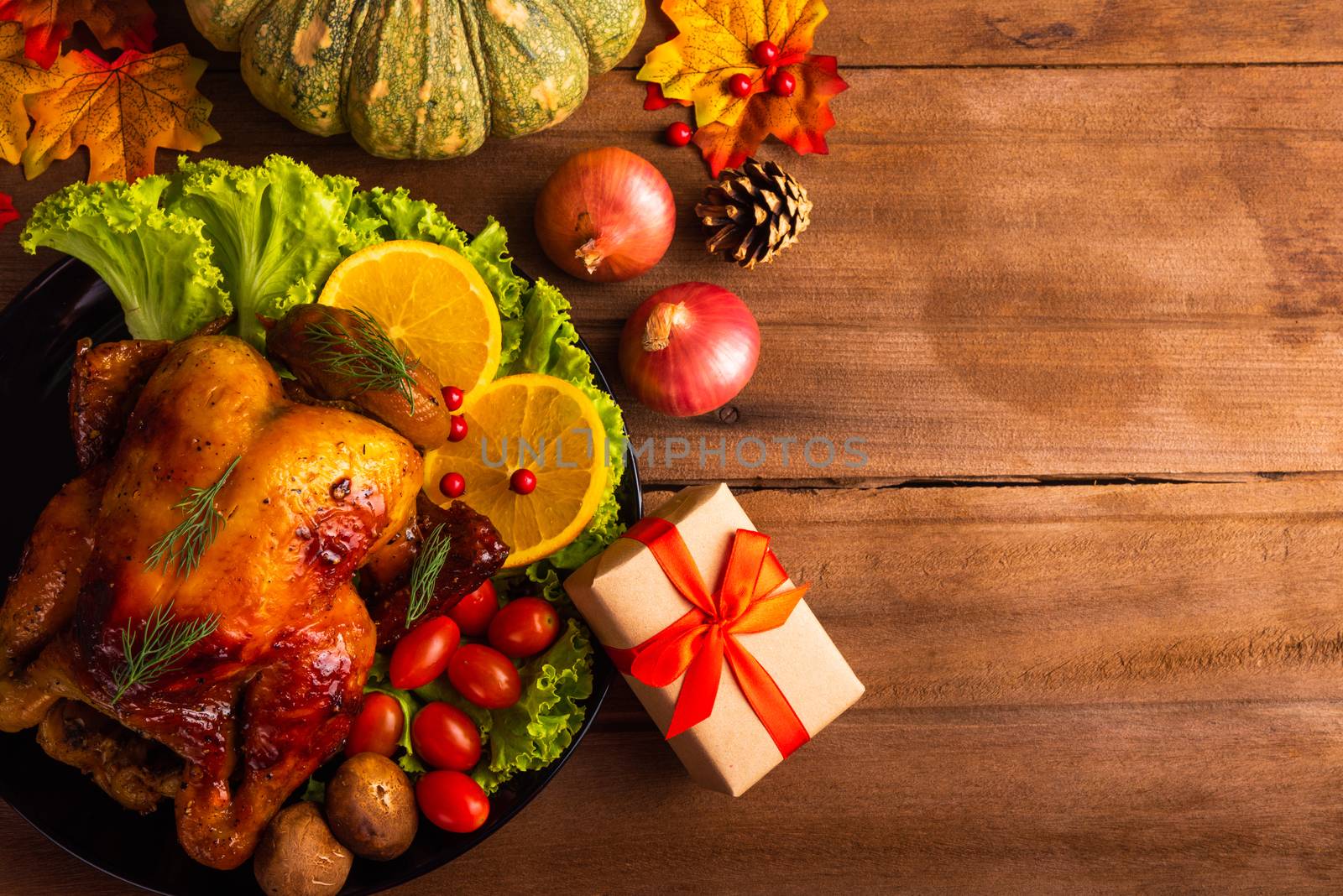 Thanksgiving baked turkey or chicken and vegetables, Christmas dinner feast food decoration, studio shot on wooden table background, Happy thanksgiving day of holiday concept
