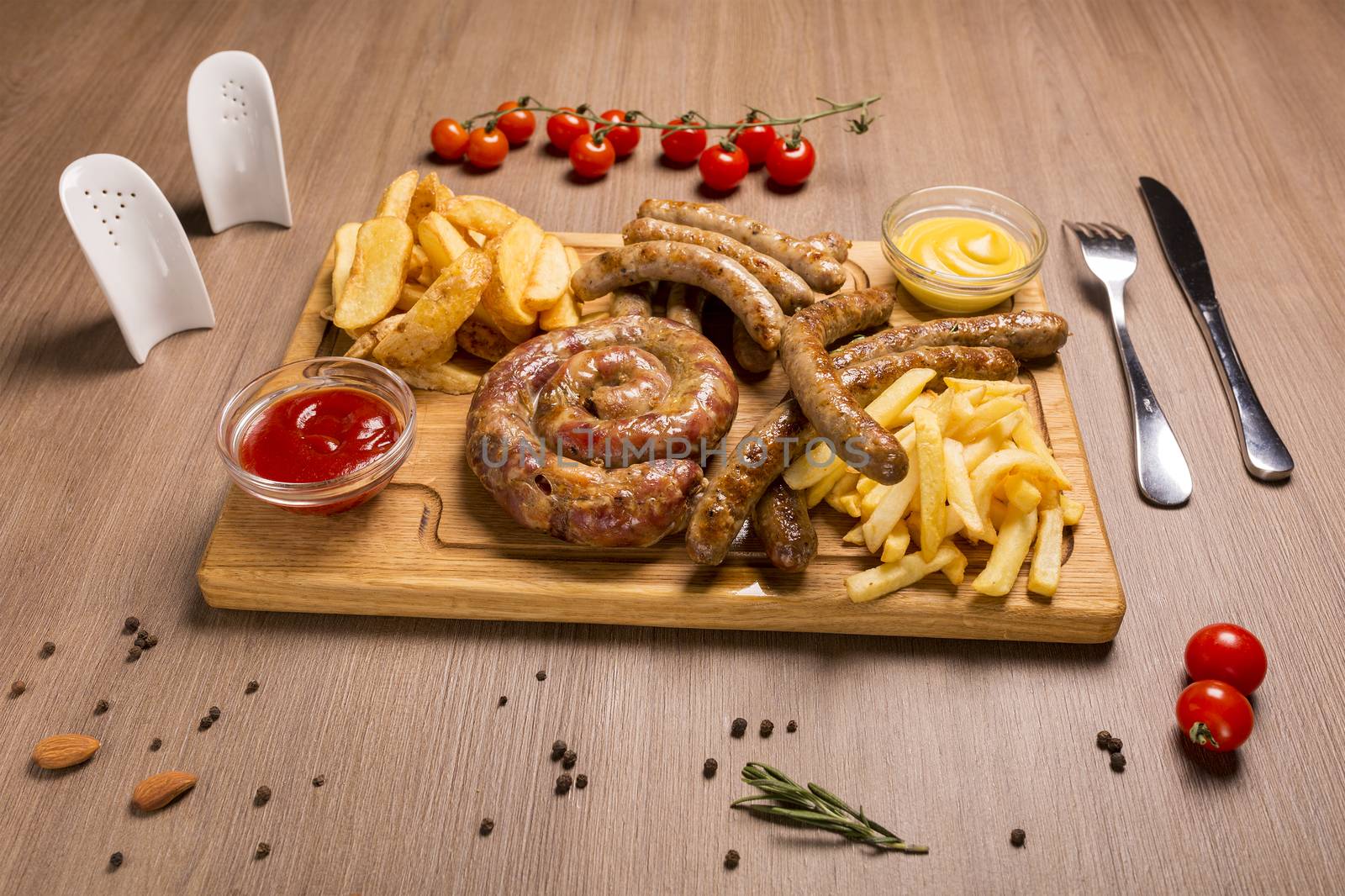 Set of grilled sausages a wooden board hunting sausages, pork sausages, homemade by 977_ReX_977