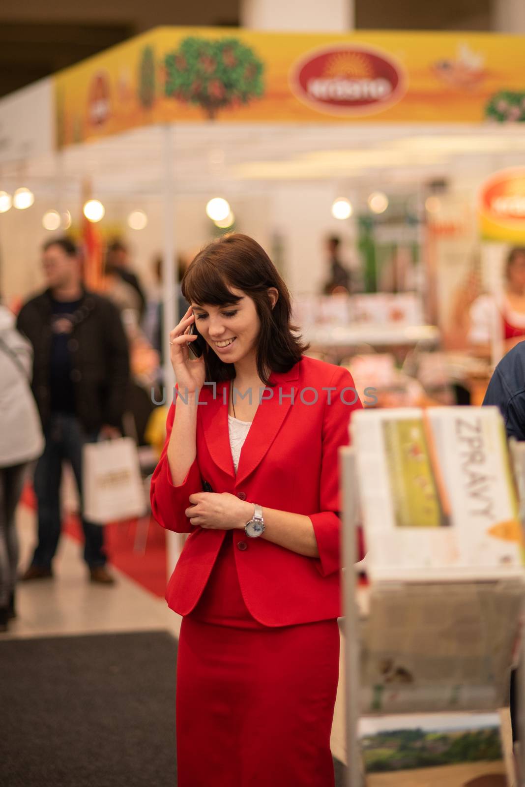 03/04/2017. Brno, Czech Republic. Woman speaking on her phone attending an event at the convention trade center in Brno. BVV Brno Exhibition center. Czech Republic by gonzalobell