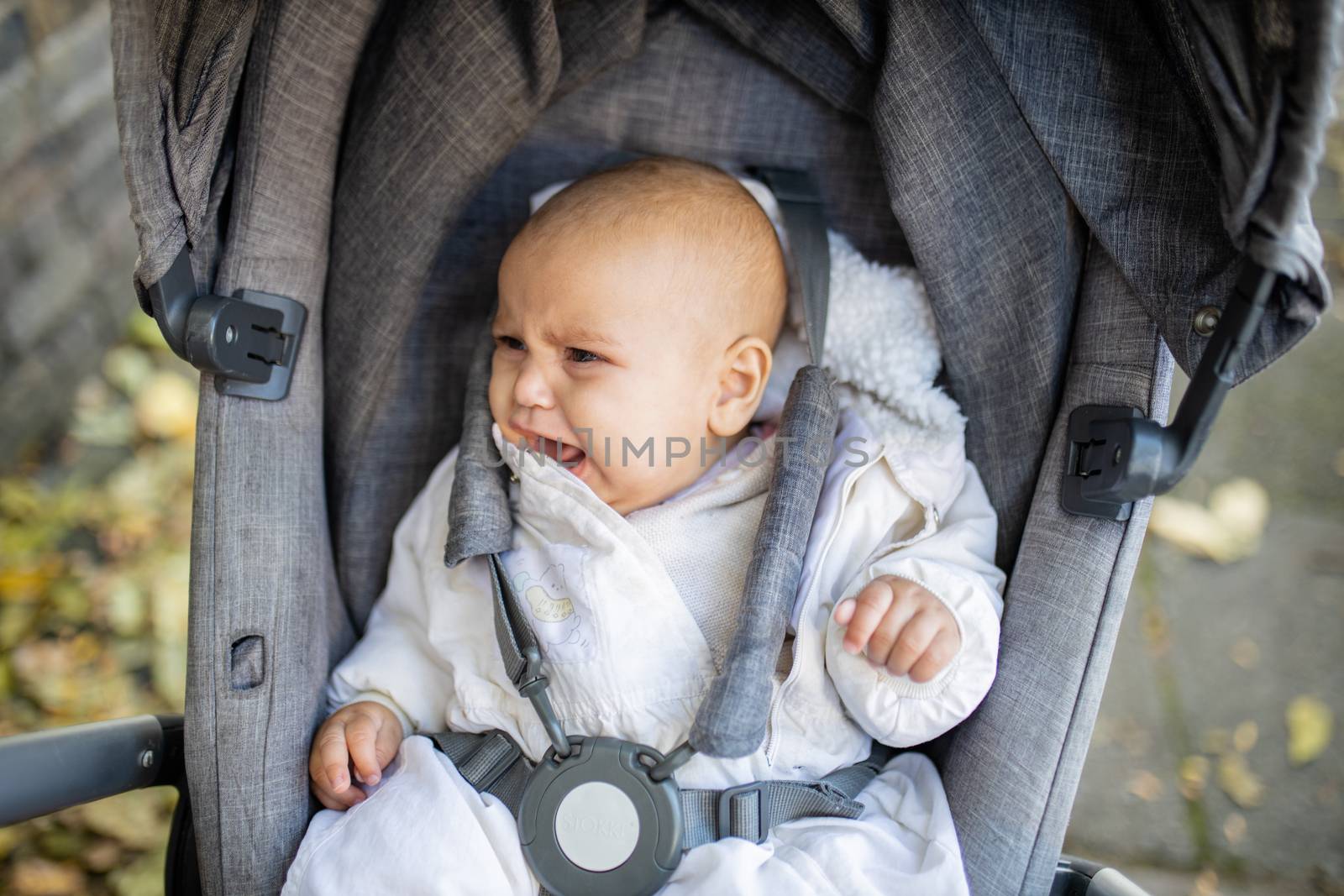 Picture of a distressed baby in a gray stroller looking at her side and crying with her eyes half-open, and with the sidewalk covered in autumn leaves as background