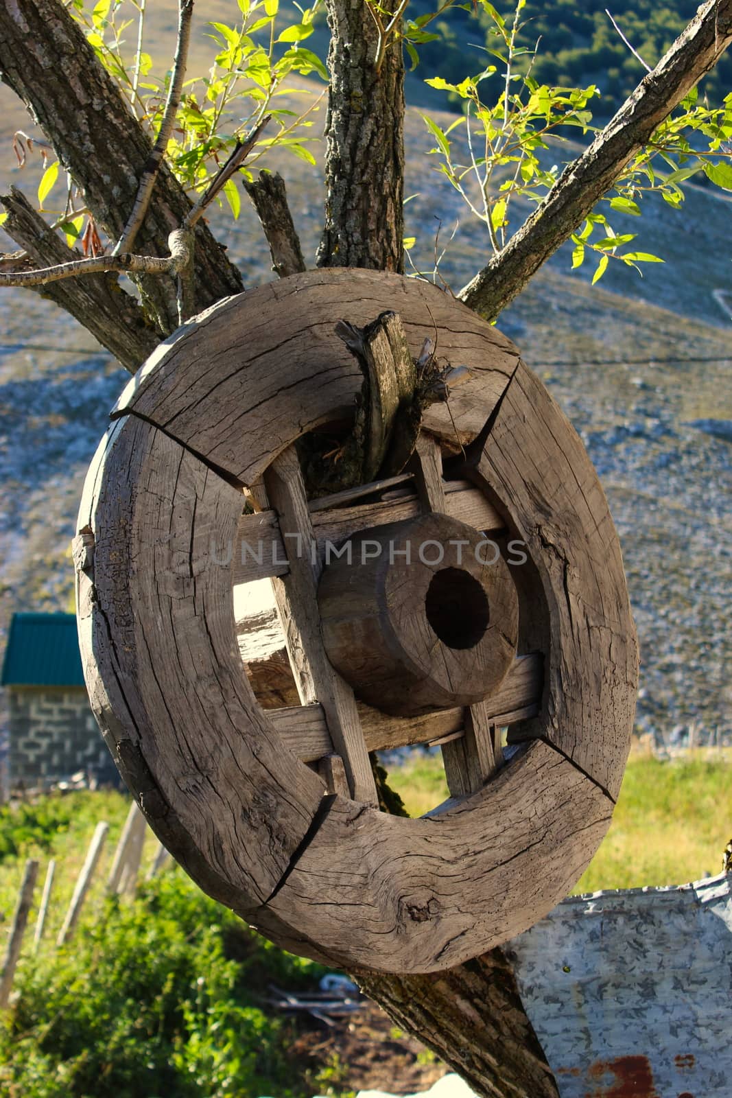 A wooden wheel hung on a tree in the old Bosnian village of Lukomir. by mahirrov