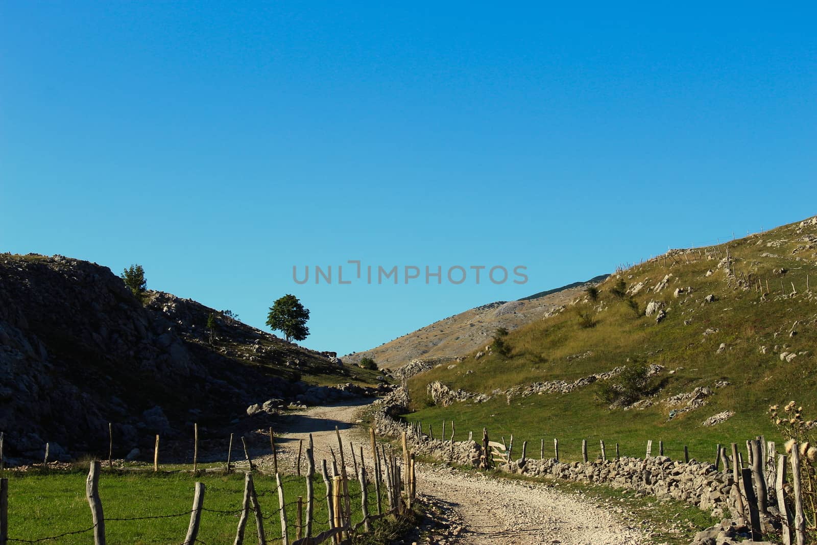 Mountain road that leads to the old Bosnian village of Lukomir. Autumn on the mountain. The road is surrounded by stone with wooden pillars connected by barbed wire. Bjelasnica Mountain.