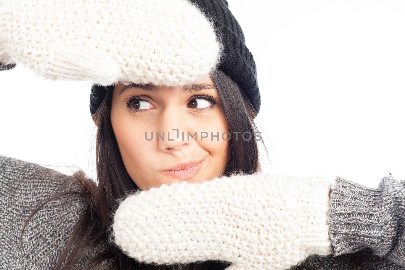 pretty brunette woman with a woolen hat a sweater and gloves smi by jp_chretien