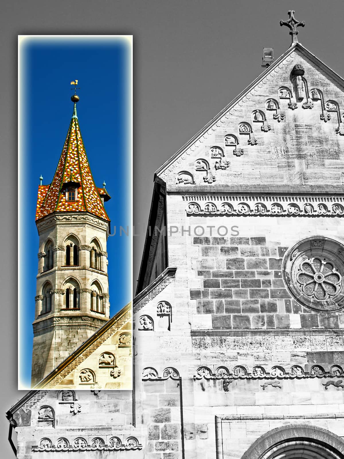 church with a tower on focus