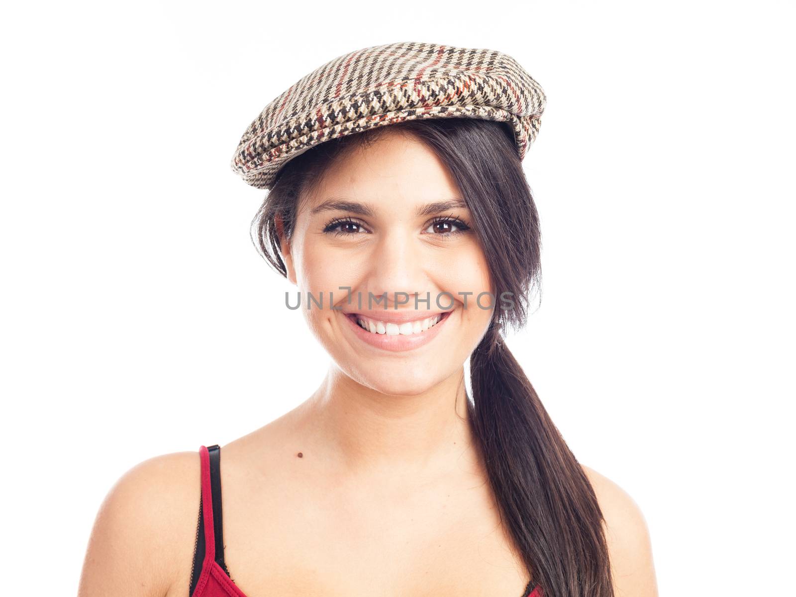 pretty smiling and cheerful brunette woman with french cap and red tank top