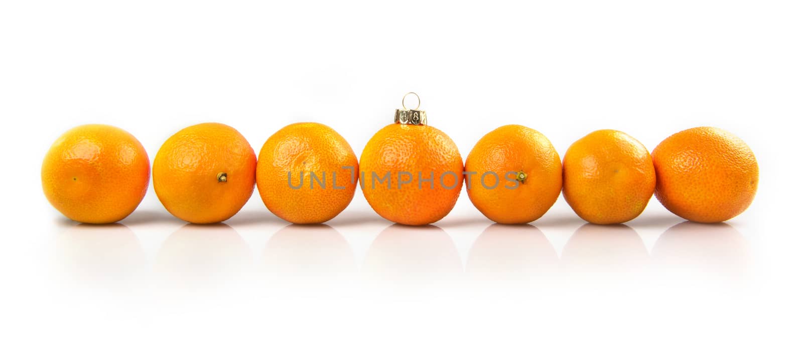 Tangerines as a xmas ball on Christmas and New Year. Russian tradition fir tree toy fruits holiday concept decoration design on holiday. Tangerines Row Line Isolated on white background.