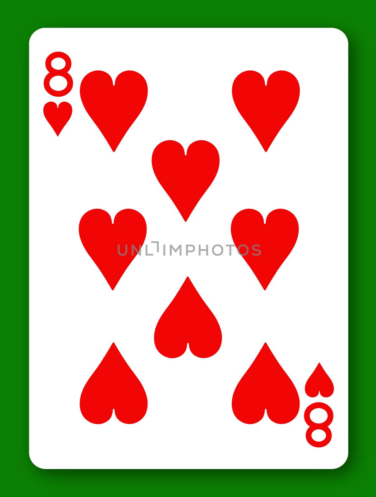 An 8 Eight of Hearts playing card with clipping path to remove background and shadow 3d illustration