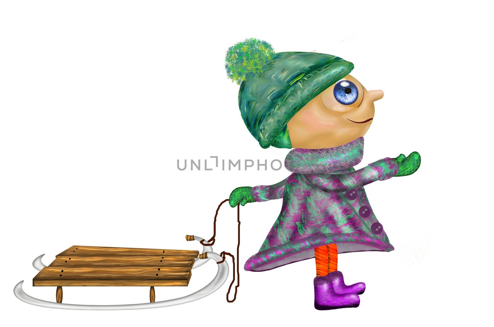 Cartoon girl in winter clothes with a sled. Funny girl in winter clothes. Winter children activity concept. Christmas vacation. Stock illustration