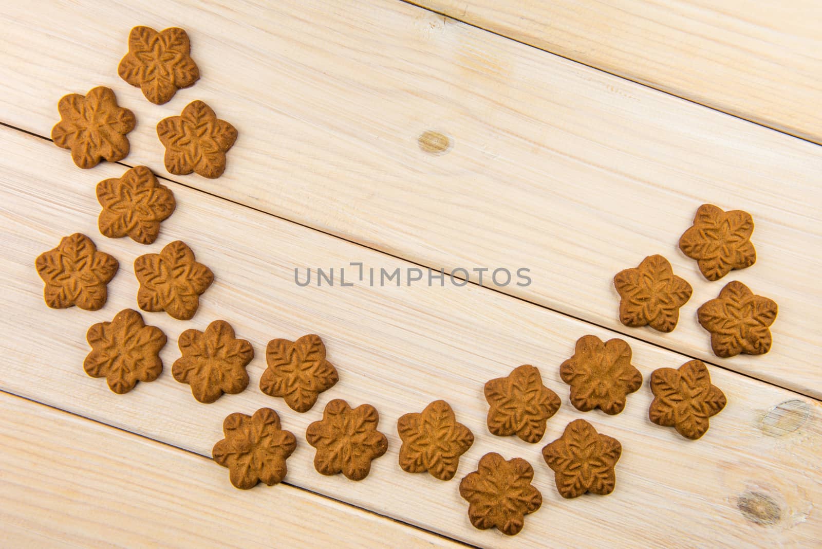 Christmas homemade gingerbread cookies on wooden background with empty copy space for your text.