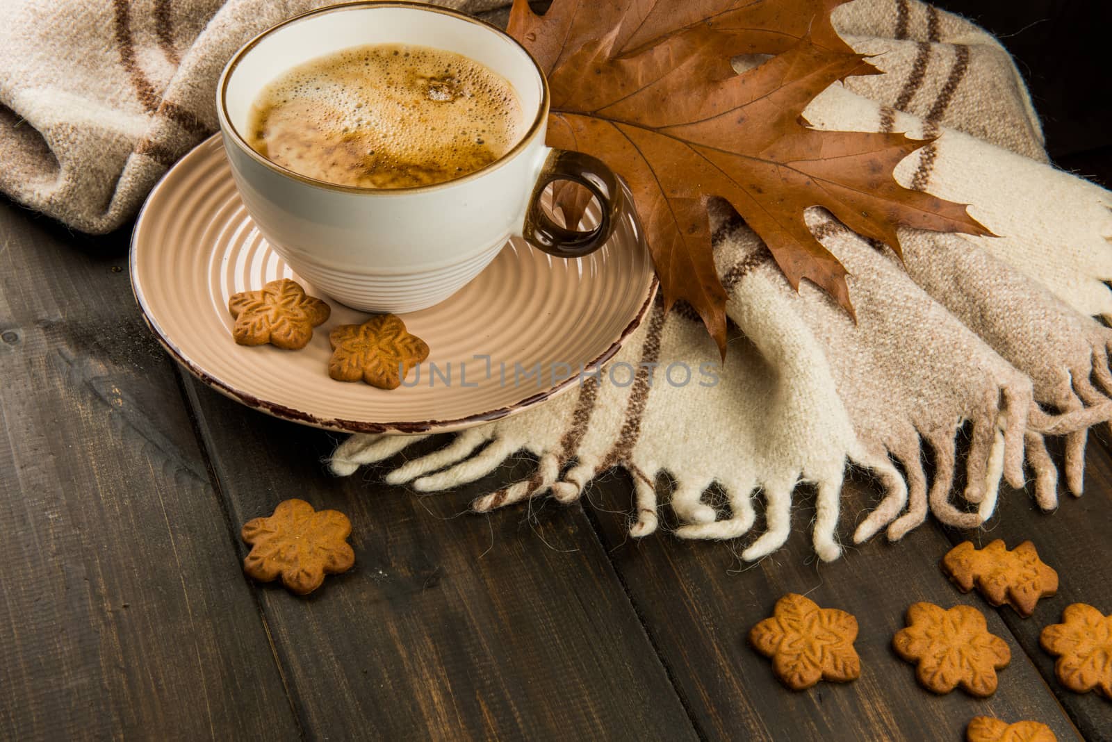 Cup of hot coffee Christmas sweet cookies plaid with brown oak leaves top view on wooden background by infinityyy