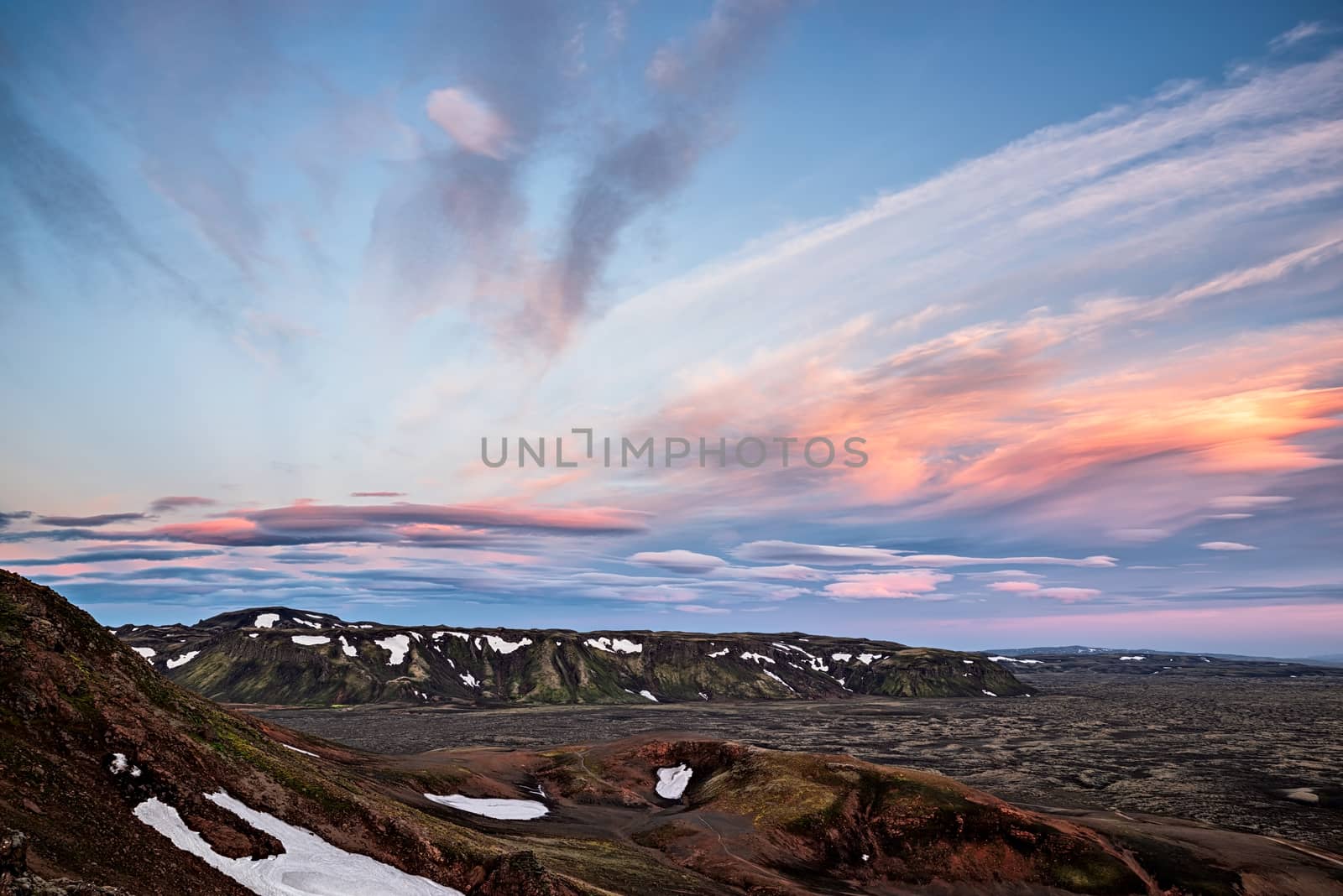 On the left side of Lakagigar volcanic fissure at sunset, Iceland