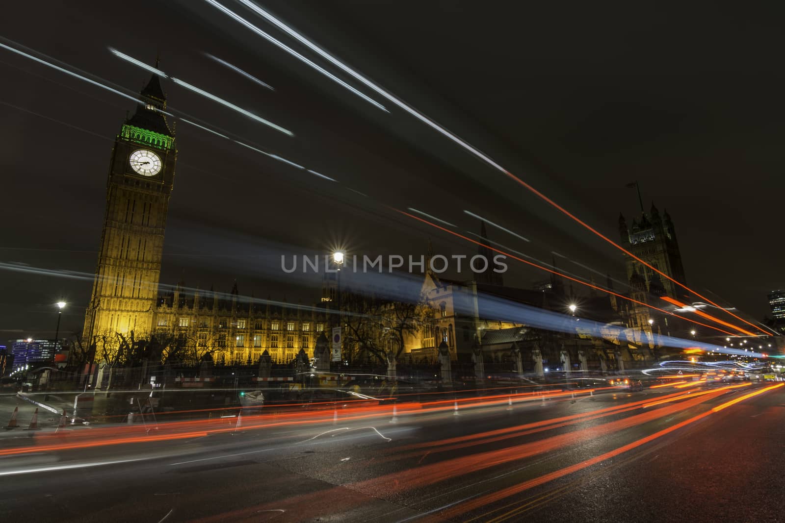 Long exposure shot of Big Ben and the Houses of the Parliament in London at night