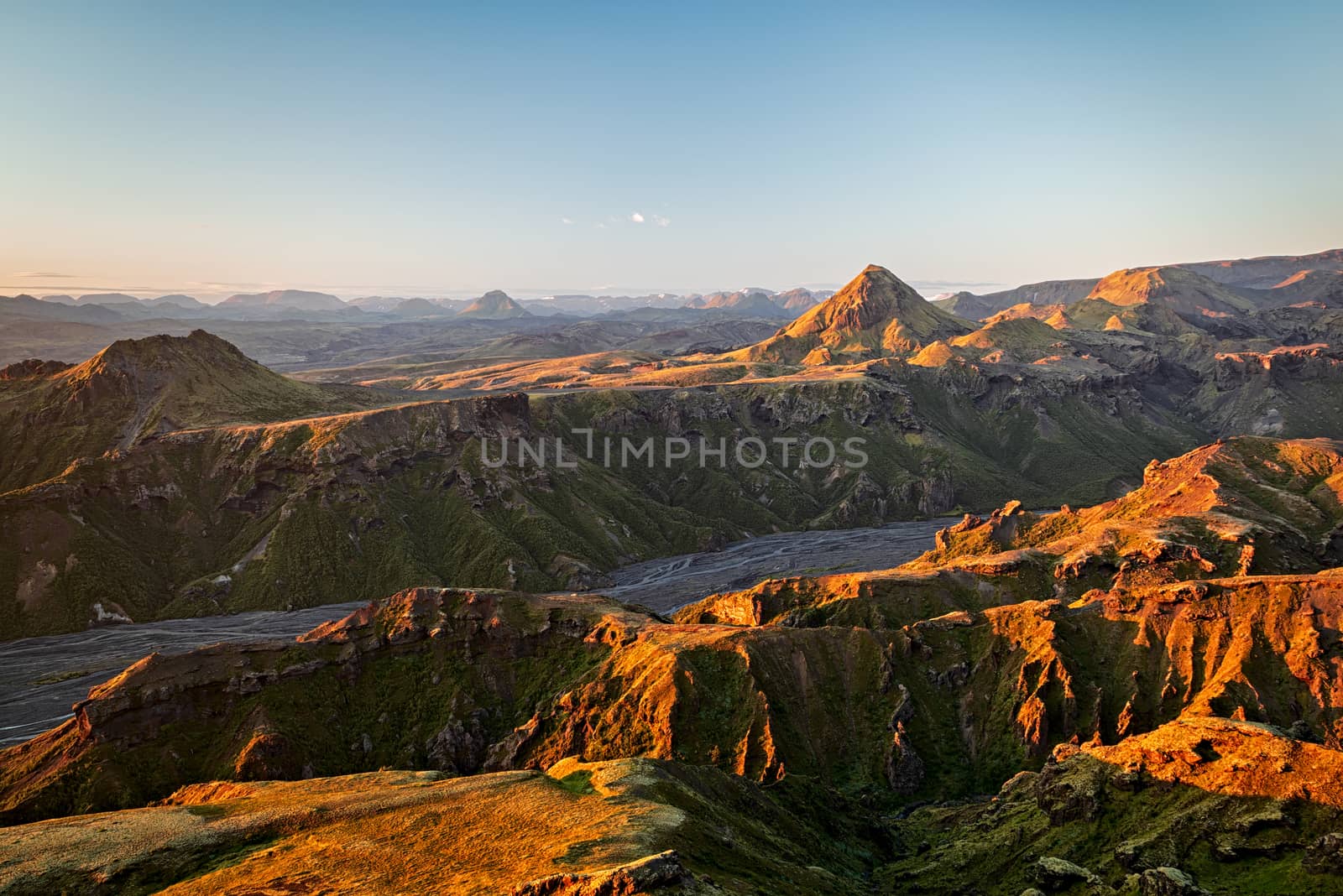 Thorsmork’s mountains seen from the top of the mountain at sunset, Iceland